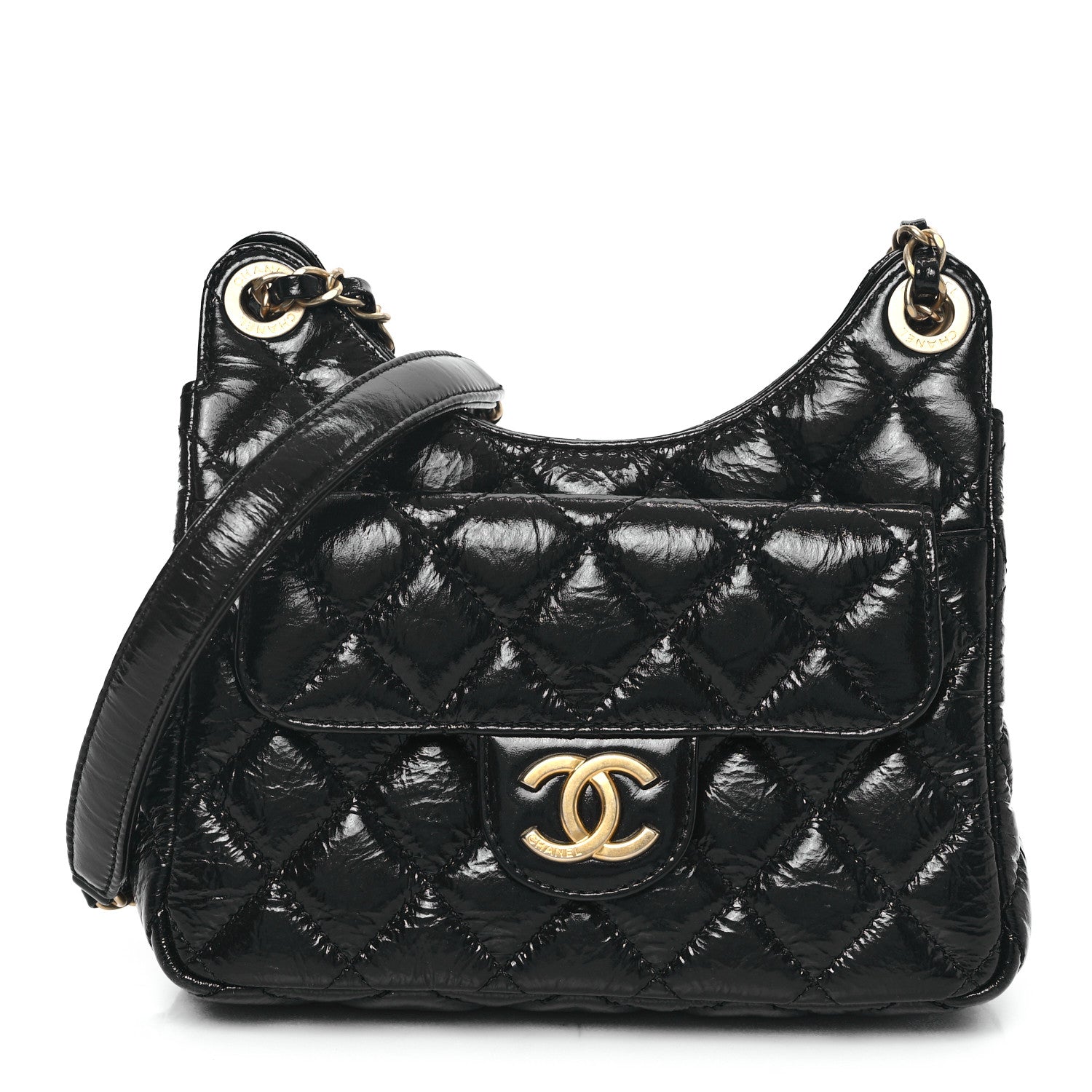 Shiny Crumpled Calfskin Quilted Small Wavy CC Hobo Black