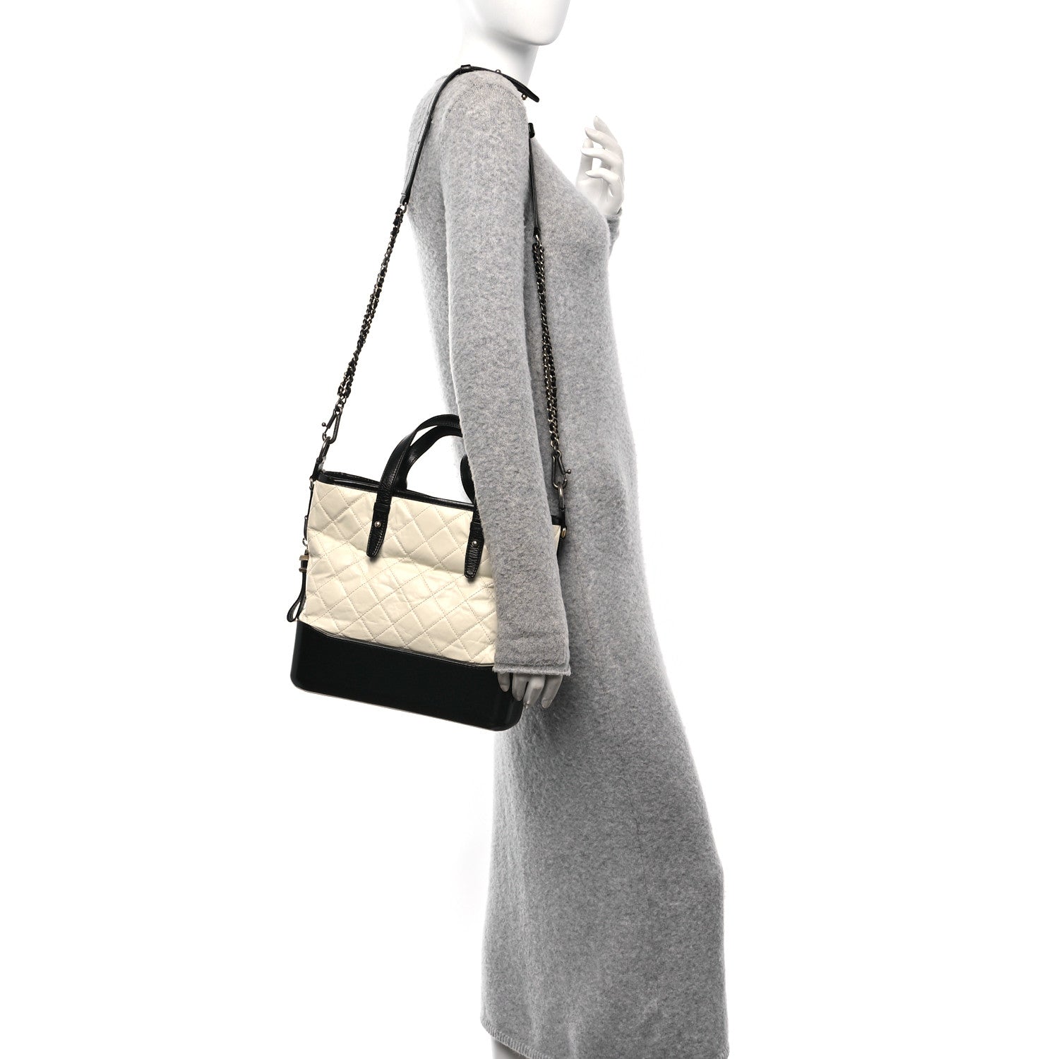 Aged Calfskin Quilted Medium Gabrielle Shopping Tote White Black
