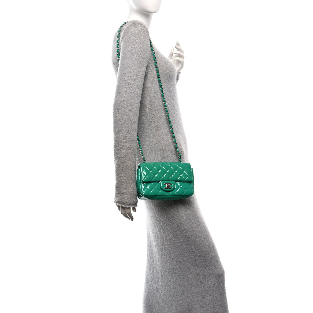 Patent Calfskin Quilted Mini Rectangular Flap Green