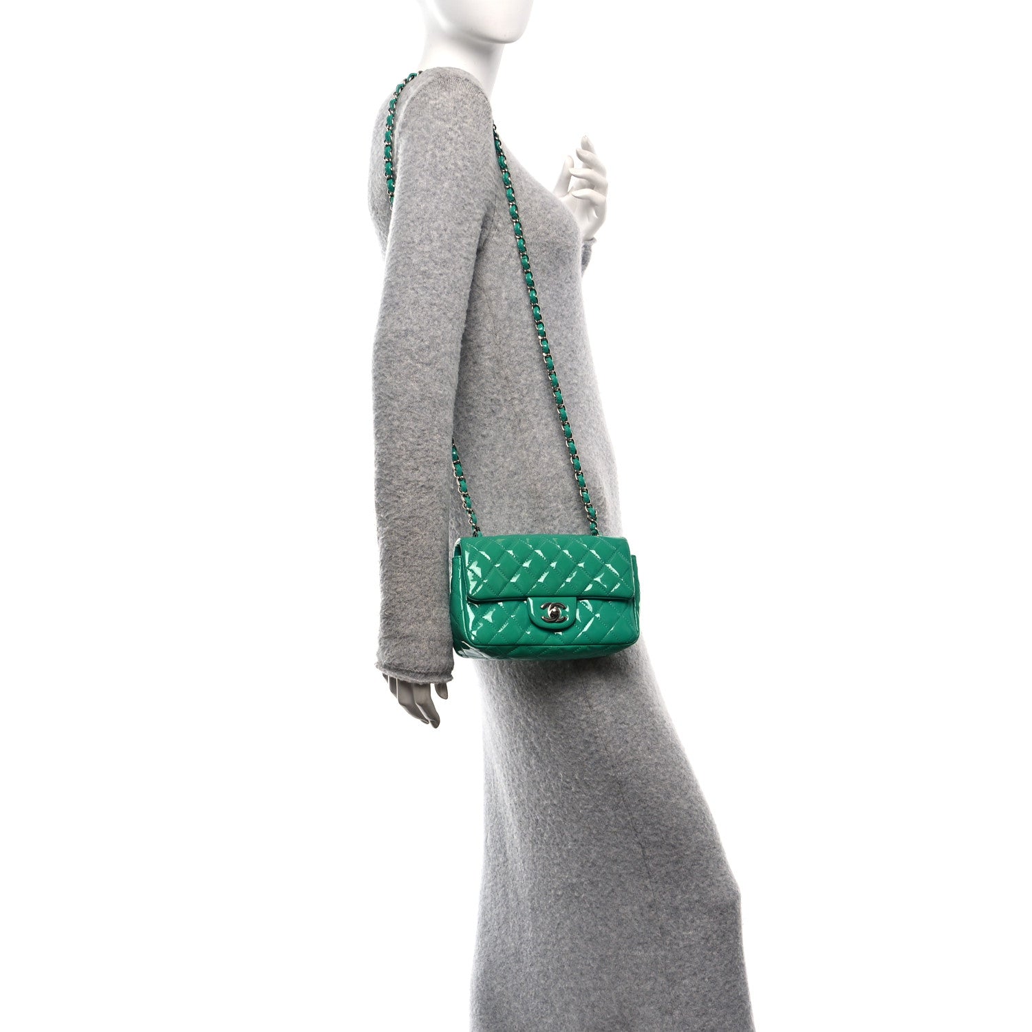 Patent Calfskin Quilted Mini Rectangular Flap Green