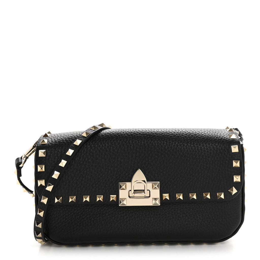Pebbled Calfskin Medium Rockstud Flip Lock Shoulder Bag Black