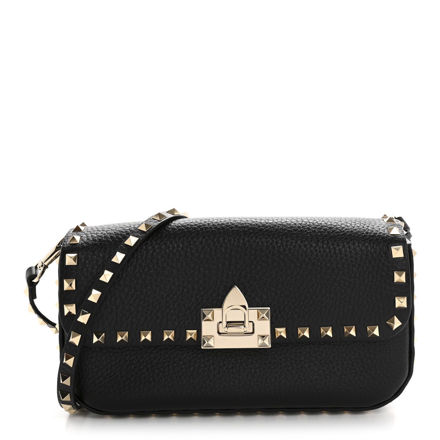 Pebbled Calfskin Medium Rockstud Flip Lock Shoulder Bag Black