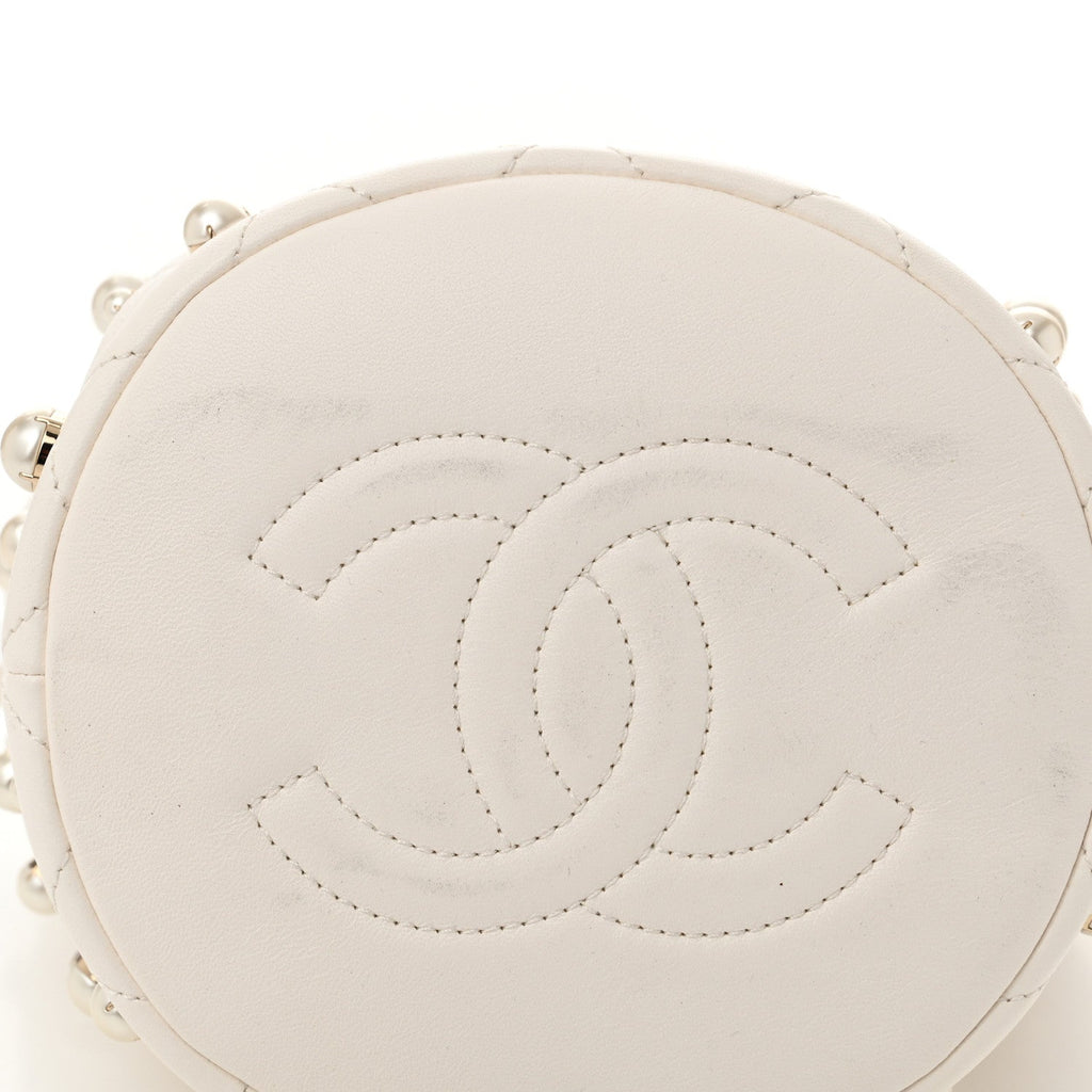 Lambskin Quilted Pearl About Pearls Drawstring Bag White