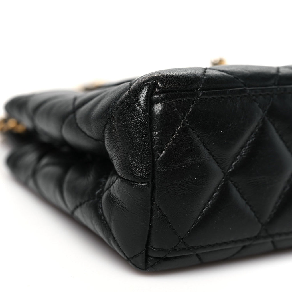 Shiny Aged Calfskin Quilted Nano Kelly Shopper Black