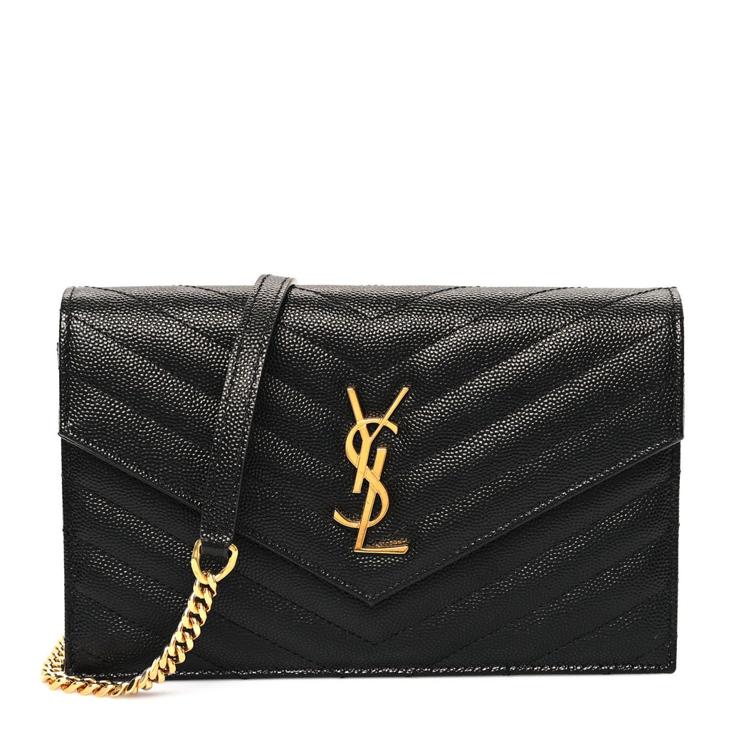 Grain De Poudre Matelasse Chevron Monogram Envelope Chain Wallet Black