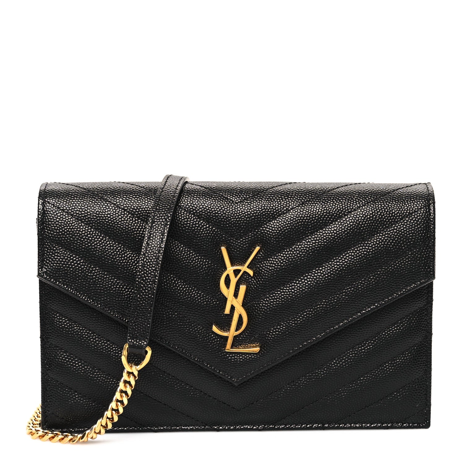 Grain De Poudre Matelasse Chevron Monogram Envelope Chain Wallet Black