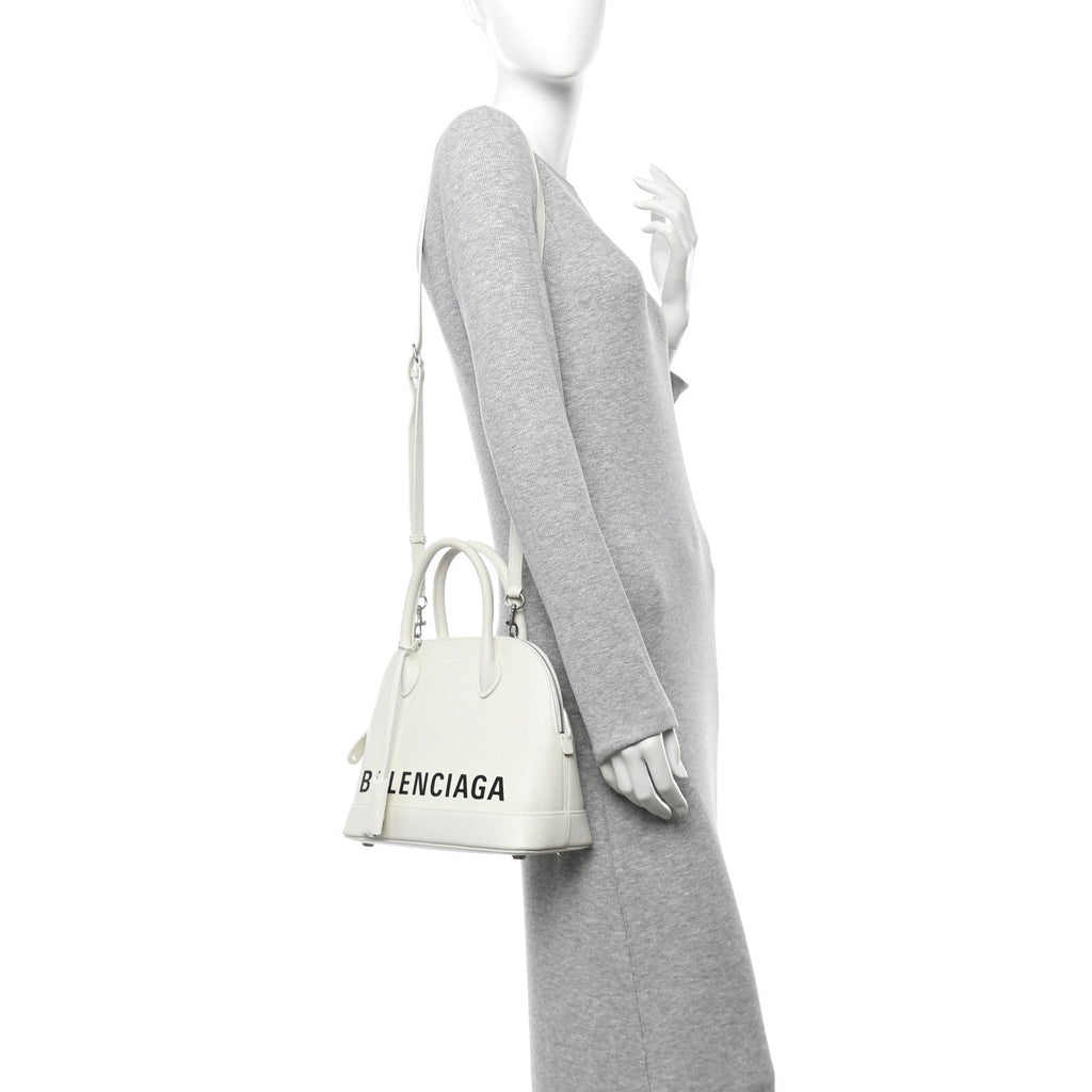 Signature Grained Calfskin Logo S Ville Top Handle Bag White Black
