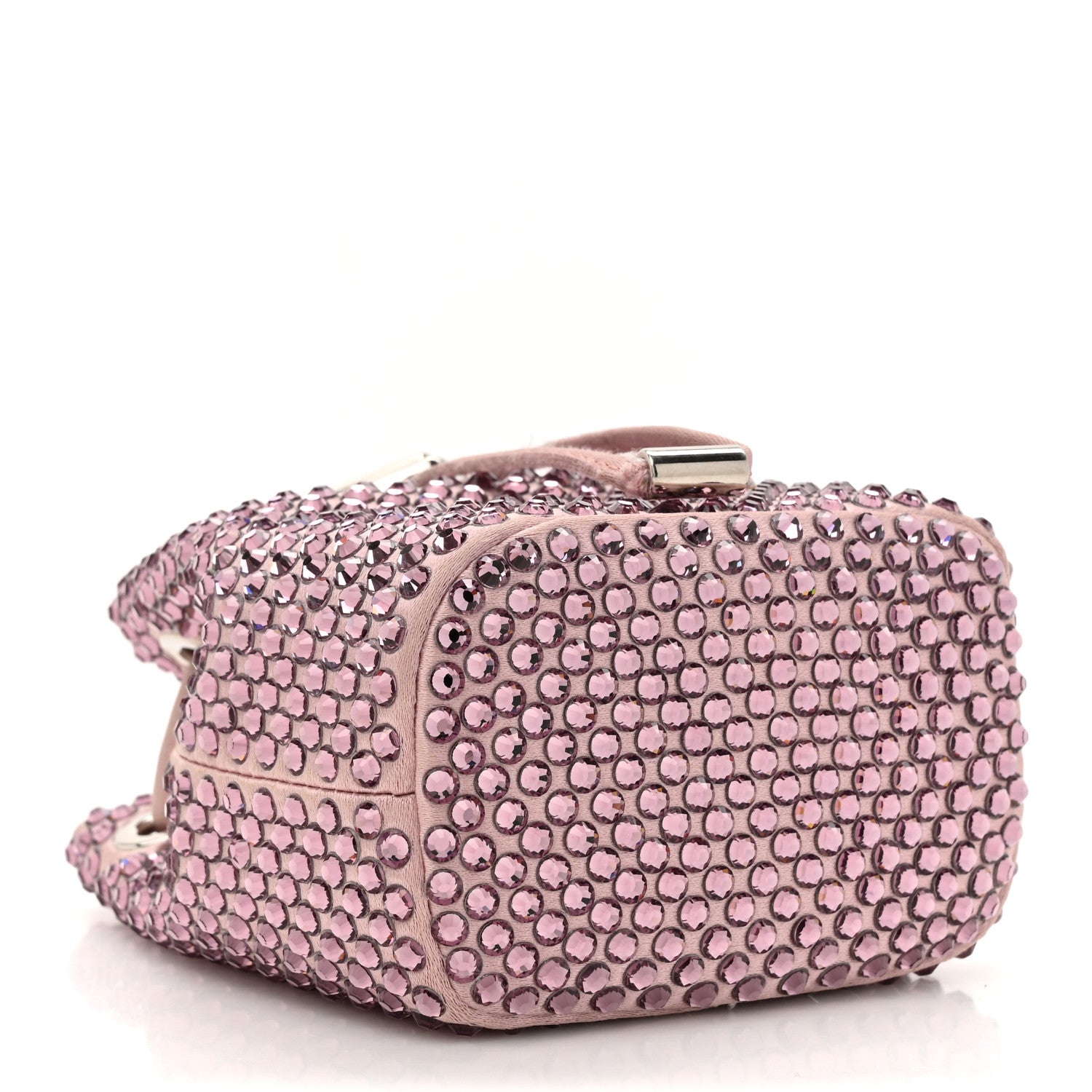 Satin Crystal Metal Triangle Logo Mini Drawcord Pouch Shoulder Bag Alabastro