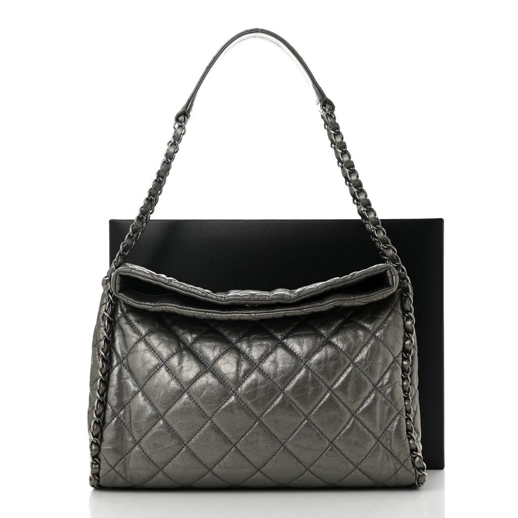 Metallic Calfskin Quilted Medium Chain Me Hobo Dark Silver