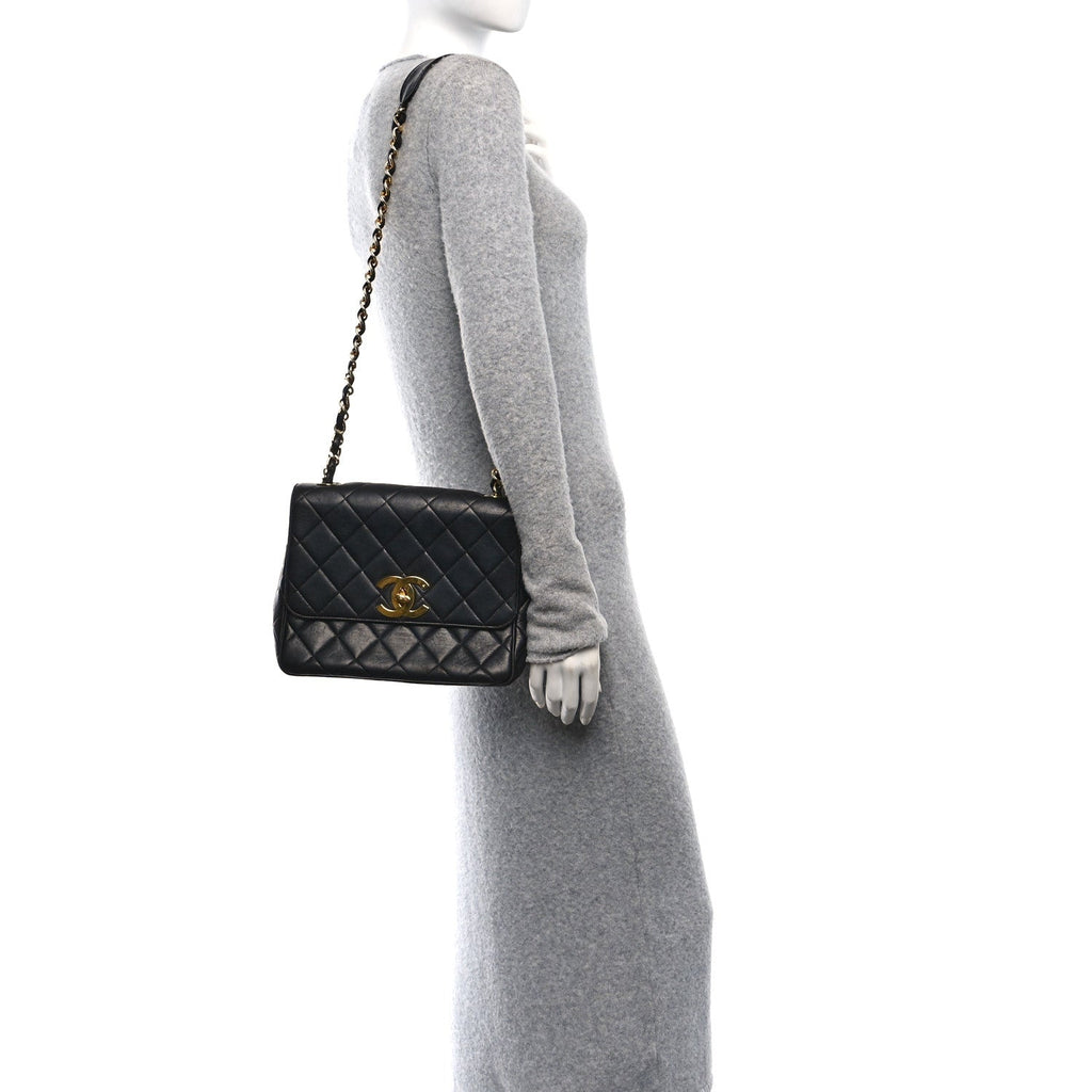 Lambskin Quilted Medium Square Flap Bag Black