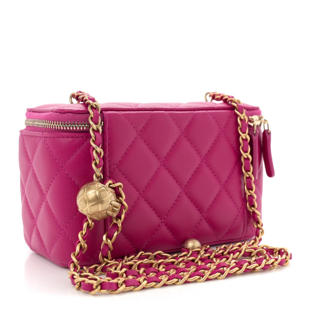 Lambskin Quilted Small Pearl Crush Vanity Case With Chain Fuchsia
