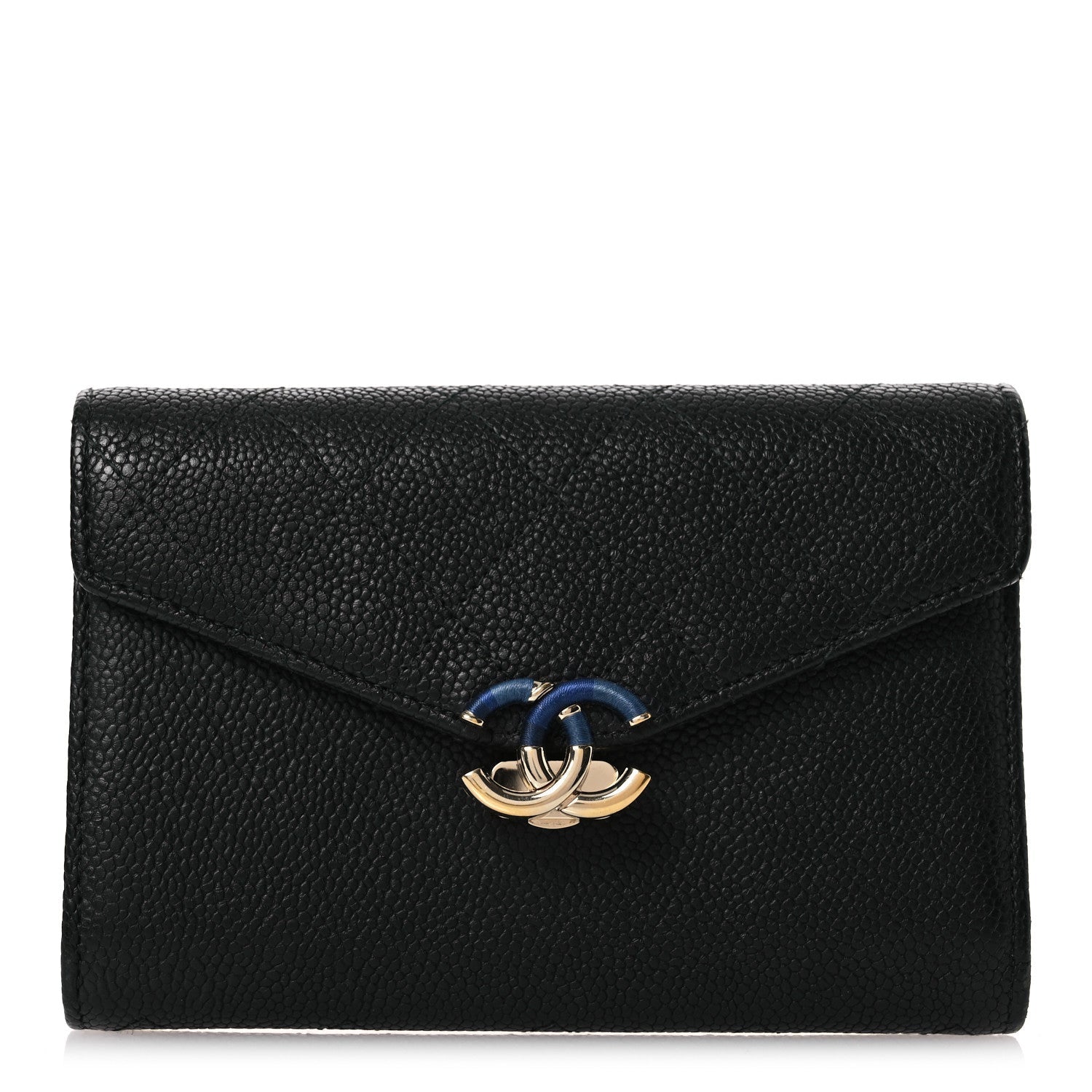 Caviar Quilted Thread CC Compact Flap Wallet Black