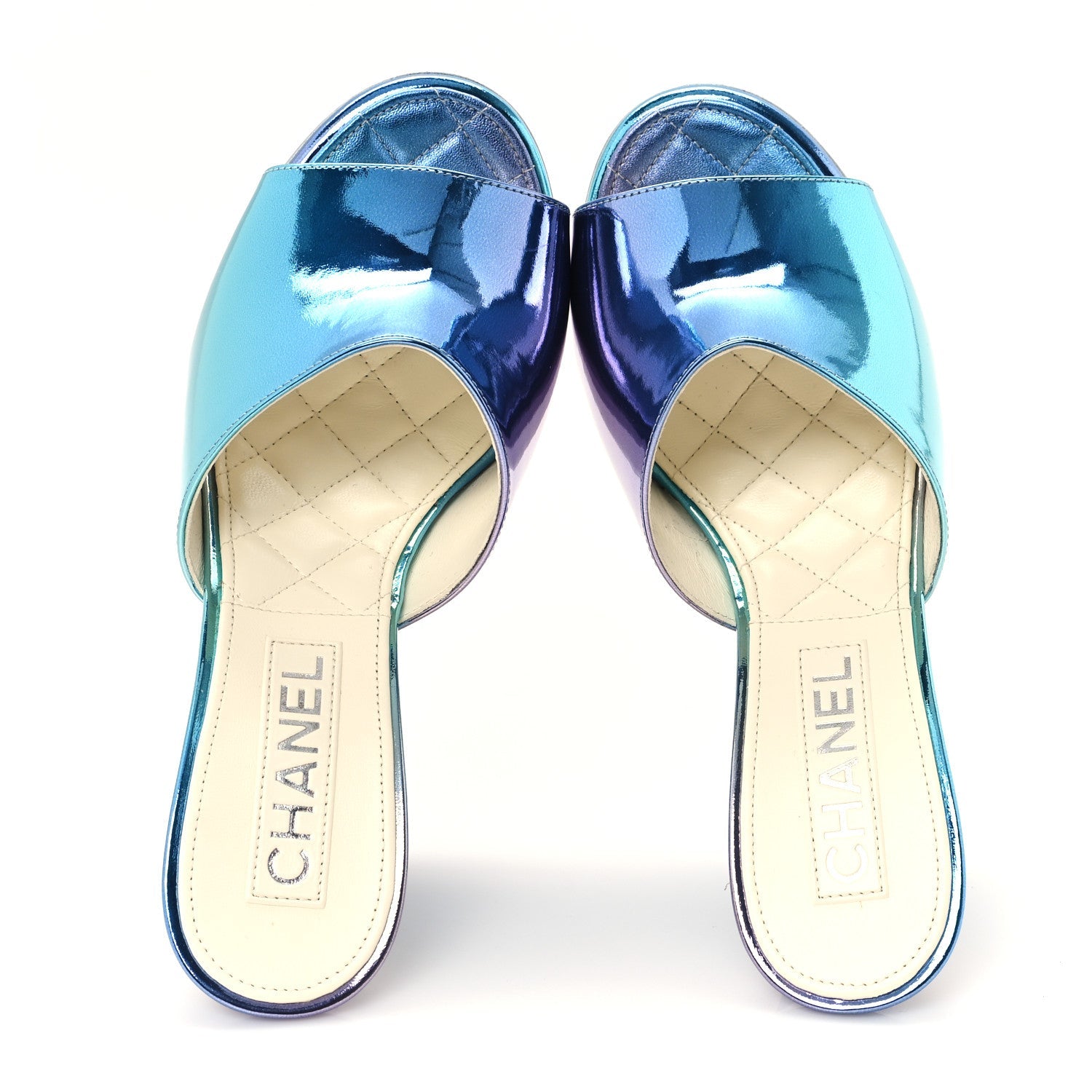Laminated Calfskin Wedge Mules 38 Blue Purple