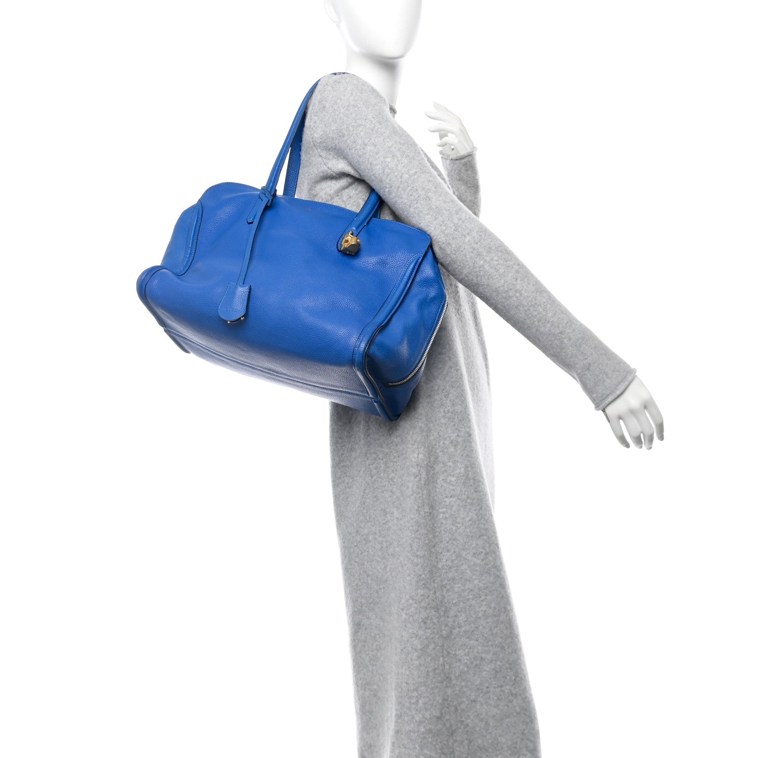 Pebbled Calfskin Large Skull Padlock Zip Around Tote Cobalt