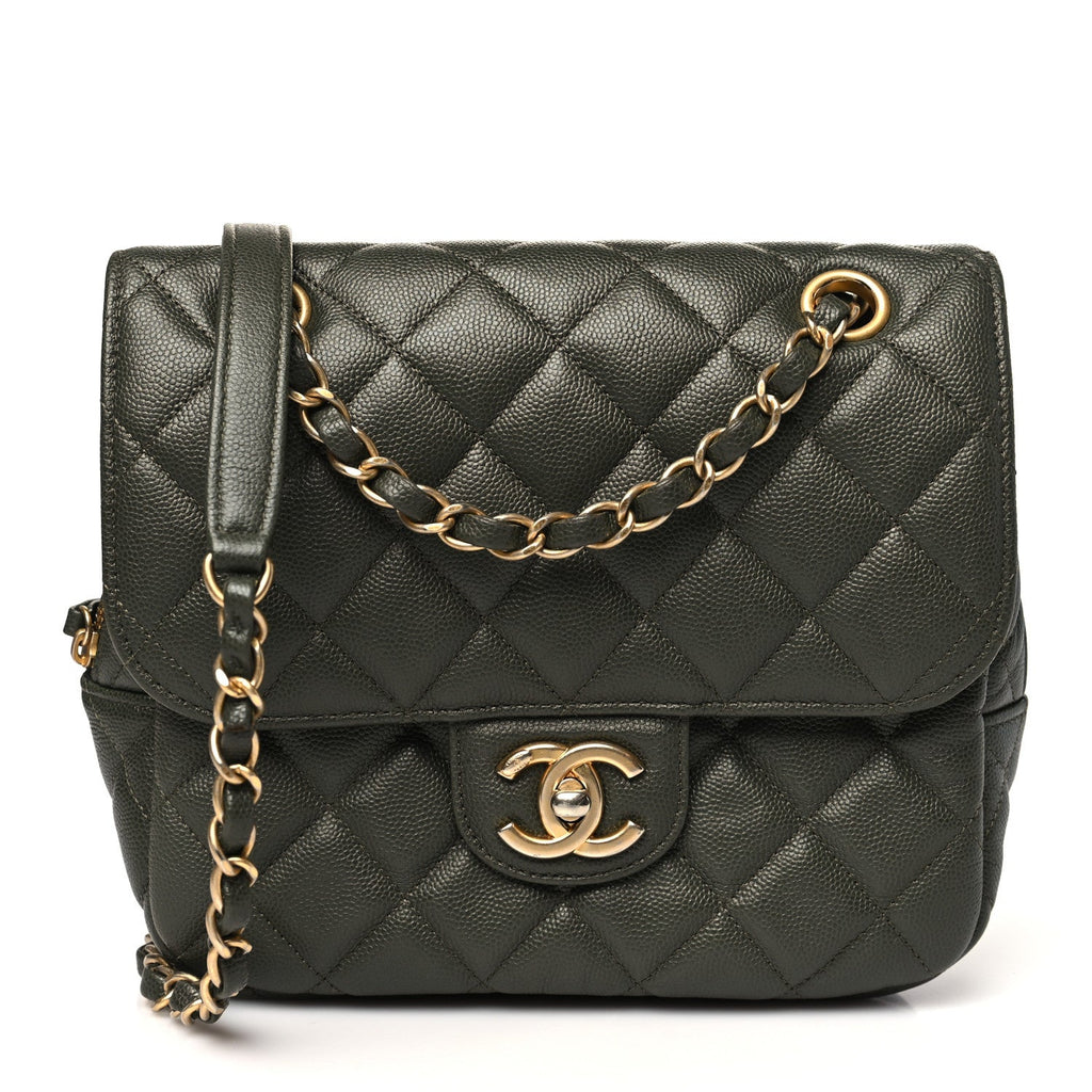 Caviar Quilted Zip Flap Khaki
