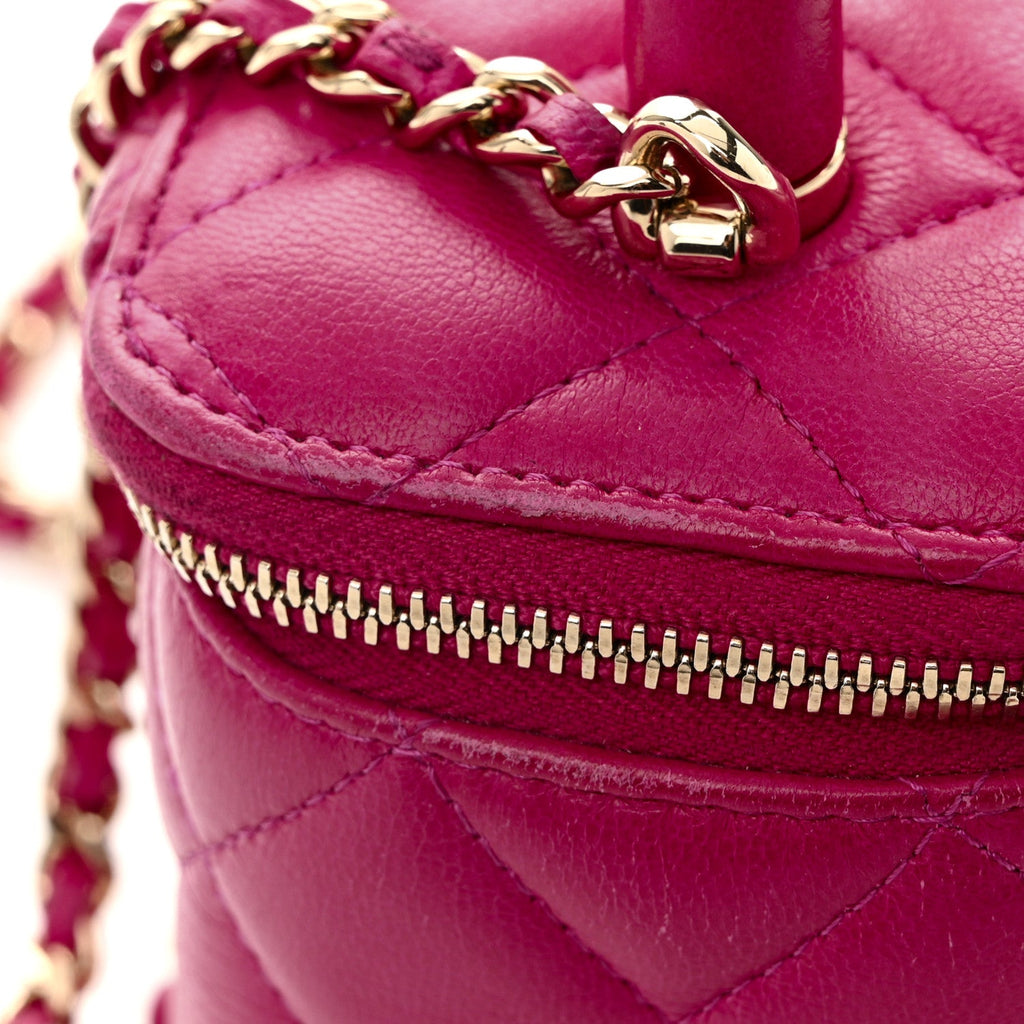Lambskin Quilted Small Charming Top Handle Vanity Case With Chain Dark Pink