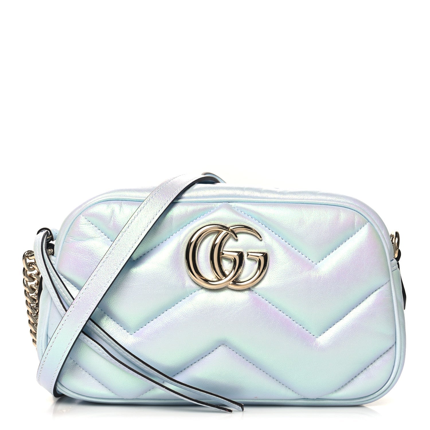 Iridescent Nappa Chevron Matelasse Small GG Marmont Chain Shoulder Bag Iridescent Snow Light Blue