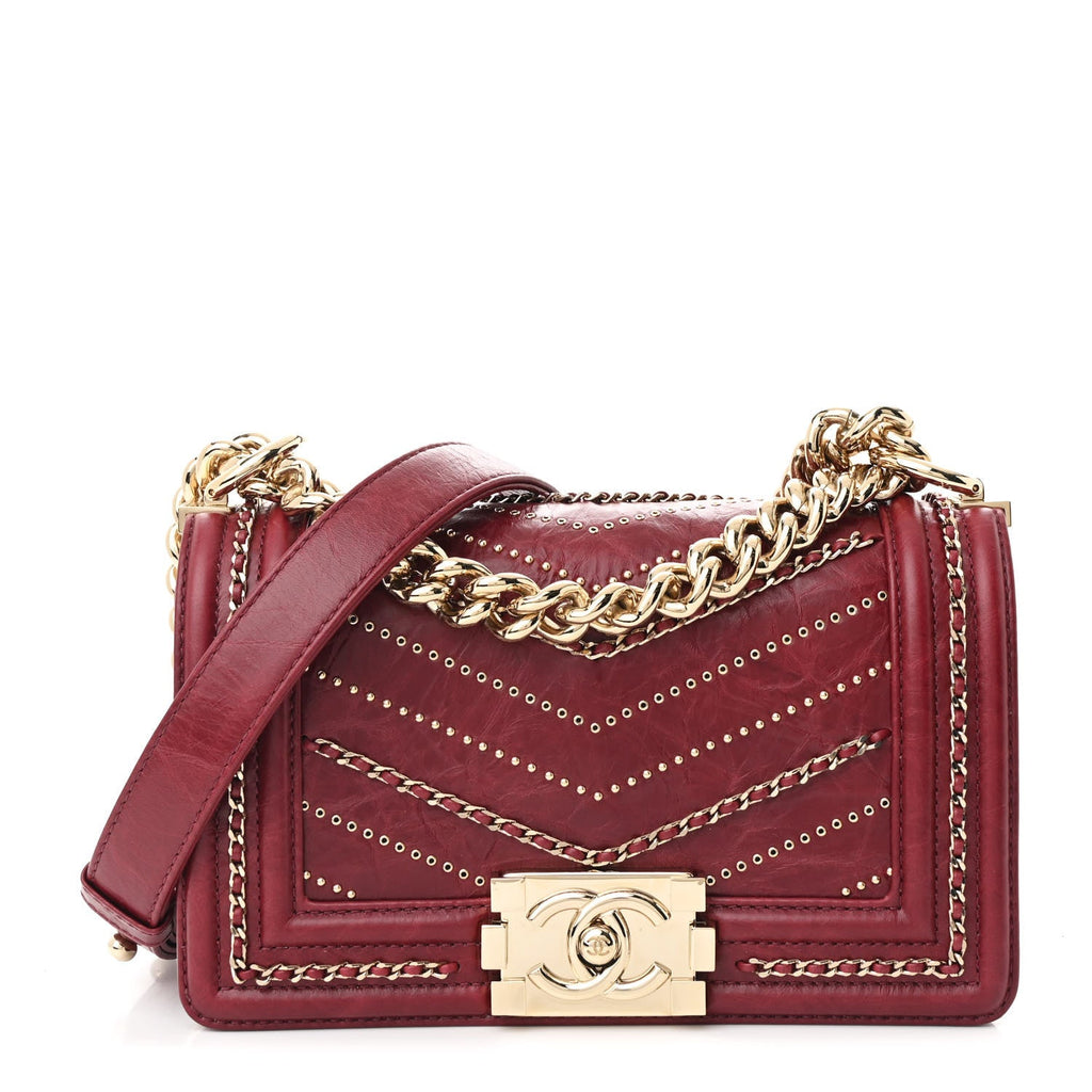 Crumpled Calfskin Chevron Small Chain Boy Flap Burgundy