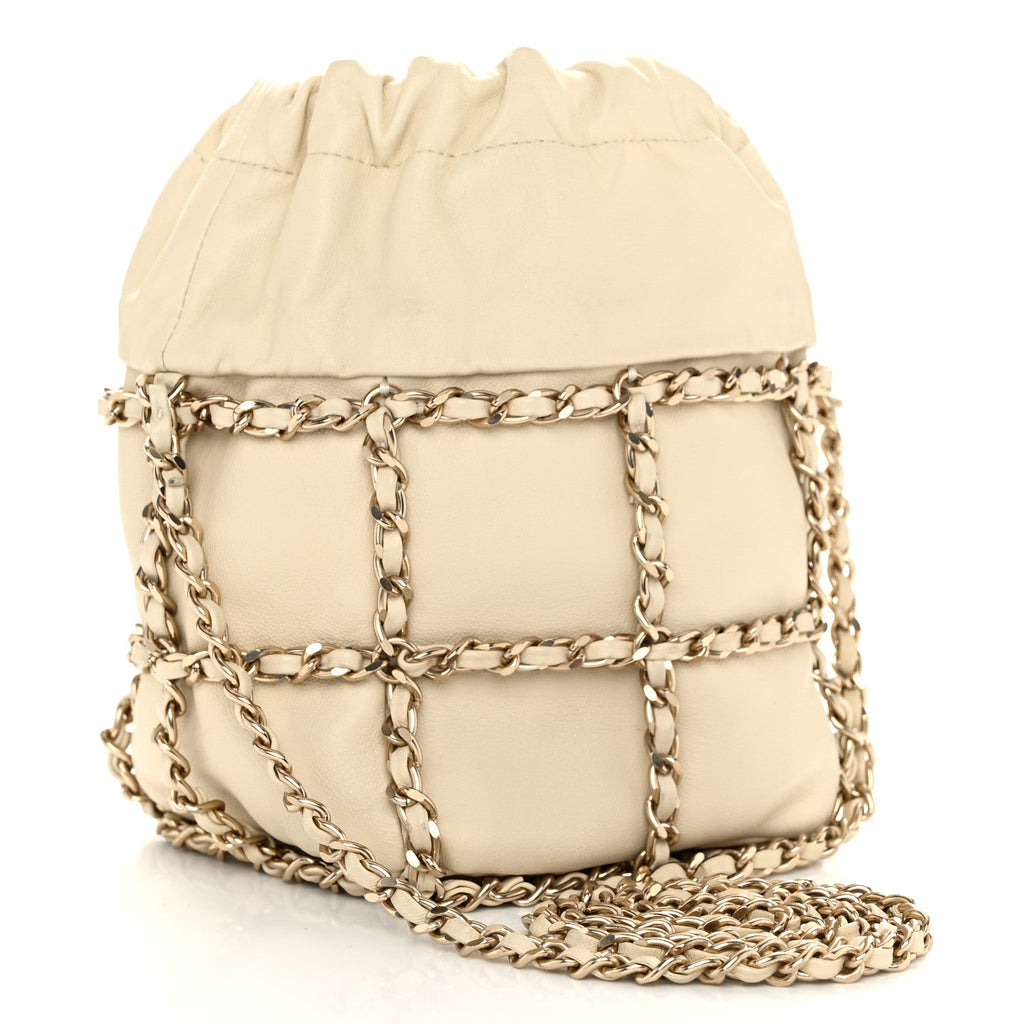 Lambskin Bucket Chain Drawstring Bag Beige