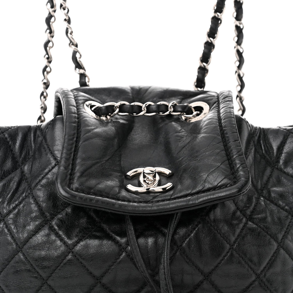 Glazed Calfskin Quilted Beijing Backpack Black