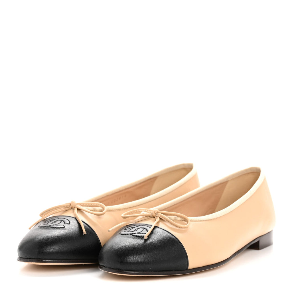 Lambskin Cap Toe CC Ballerina Flats 40.5 Beige Black