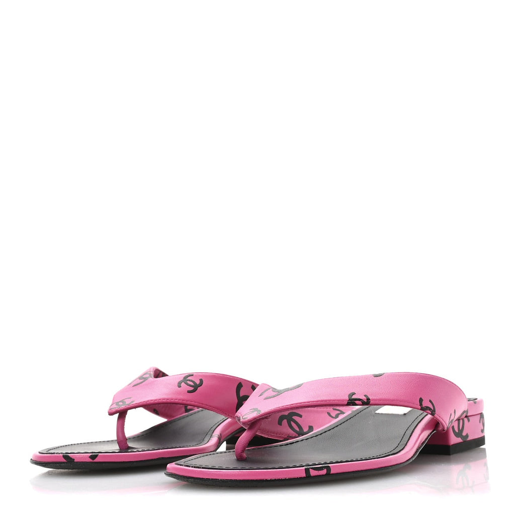 Lambskin Printed Coco Beach Thong Sandals 37.5 Dark Pink Black