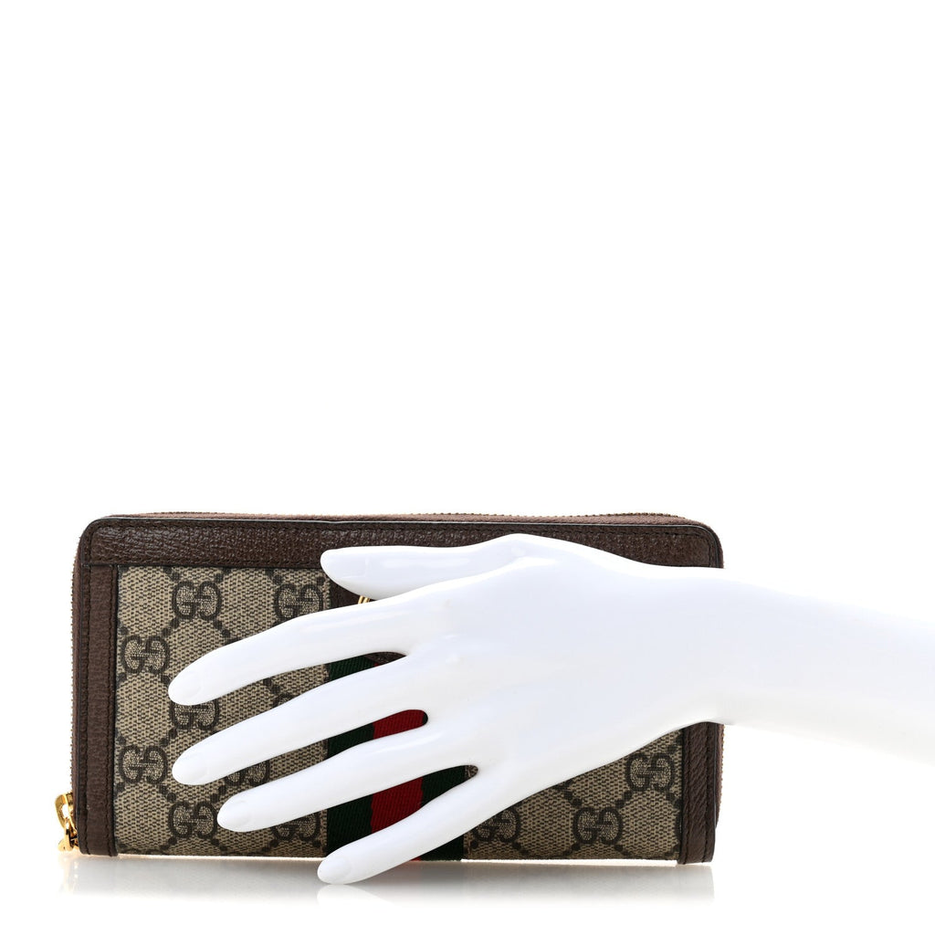 GG Supreme Monogram Web Ophidia Zip Around Wallet Brown