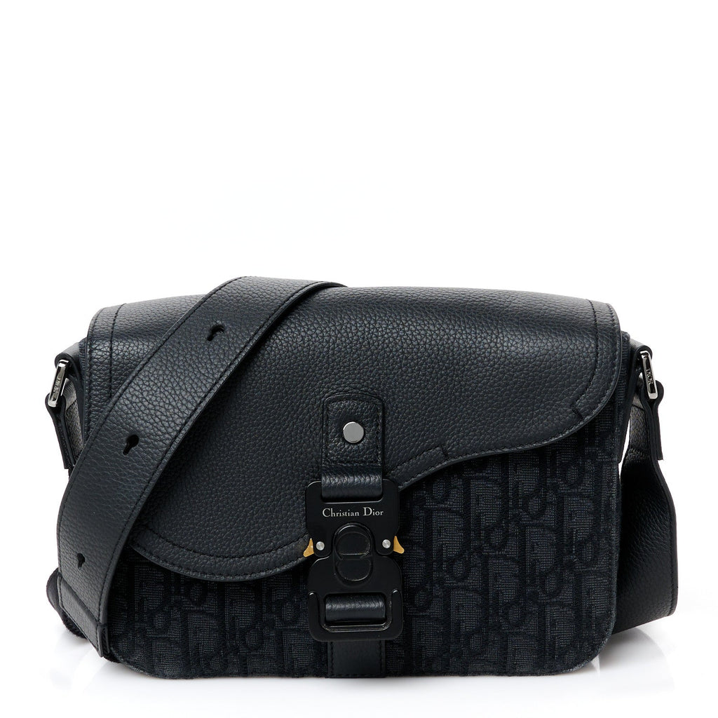 Oblique Jacquard Grained Calfskin Saddle Pouch With Strap Black