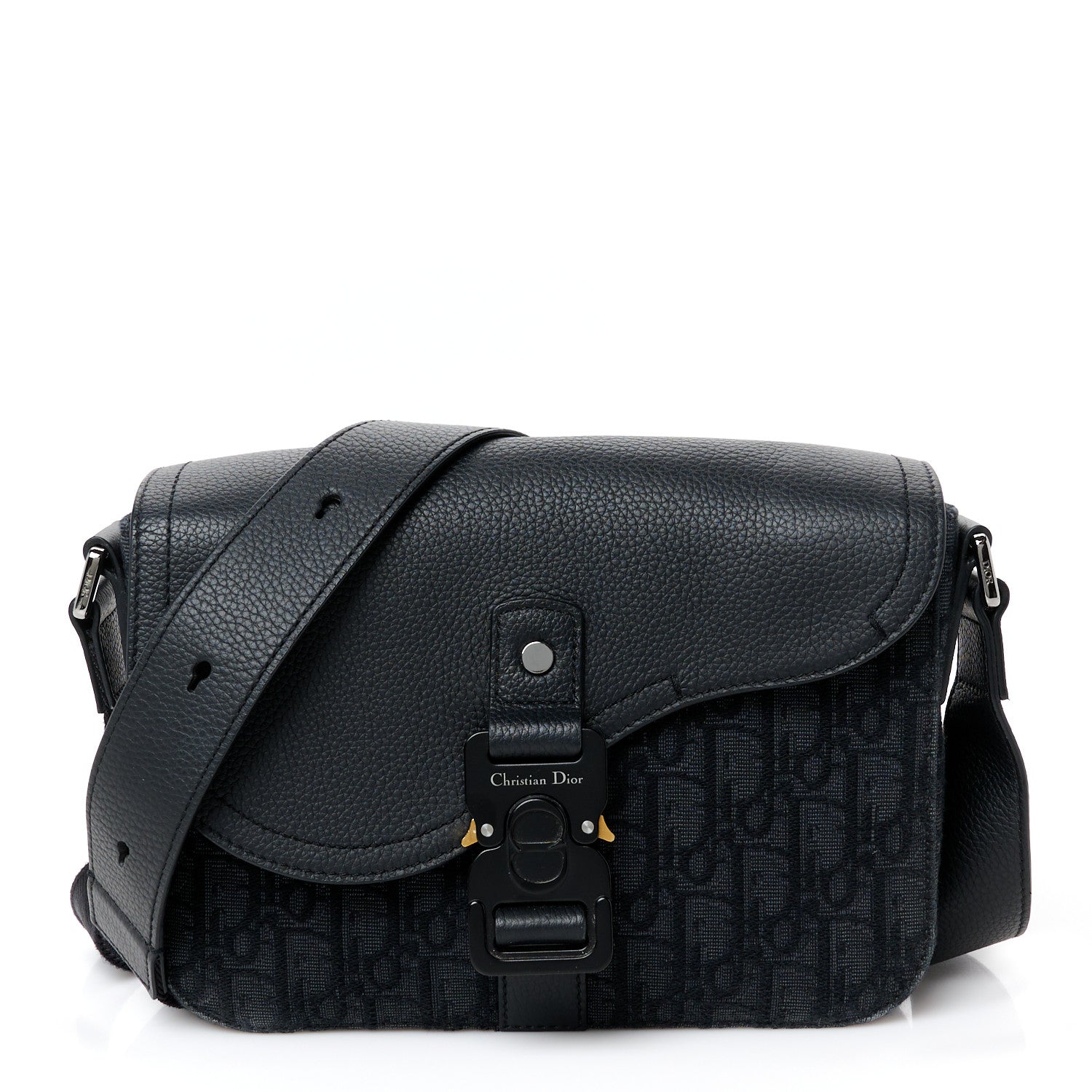 Oblique Jacquard Grained Calfskin Saddle Pouch With Strap Black