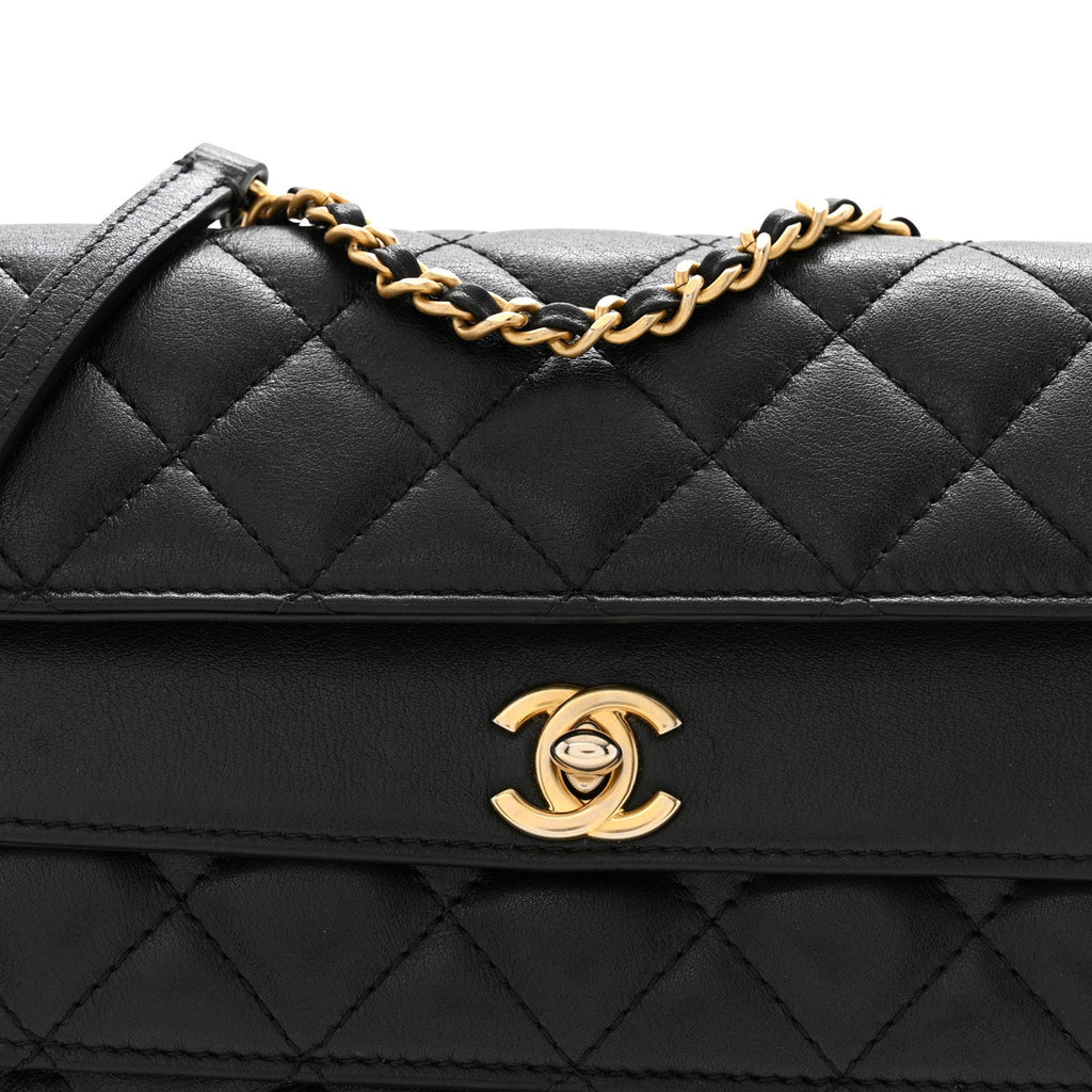 Calfskin Quilted Triple Flap Black