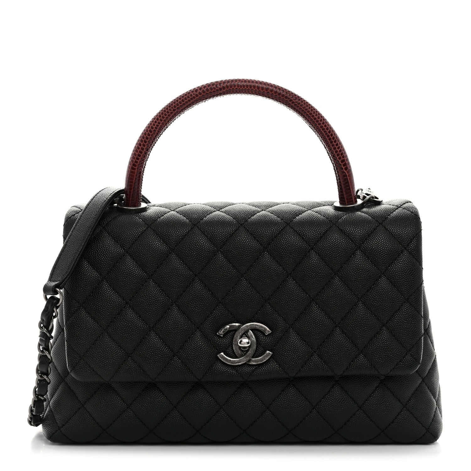 Caviar Lizard Embossed Quilted Small Coco Handle Flap Black