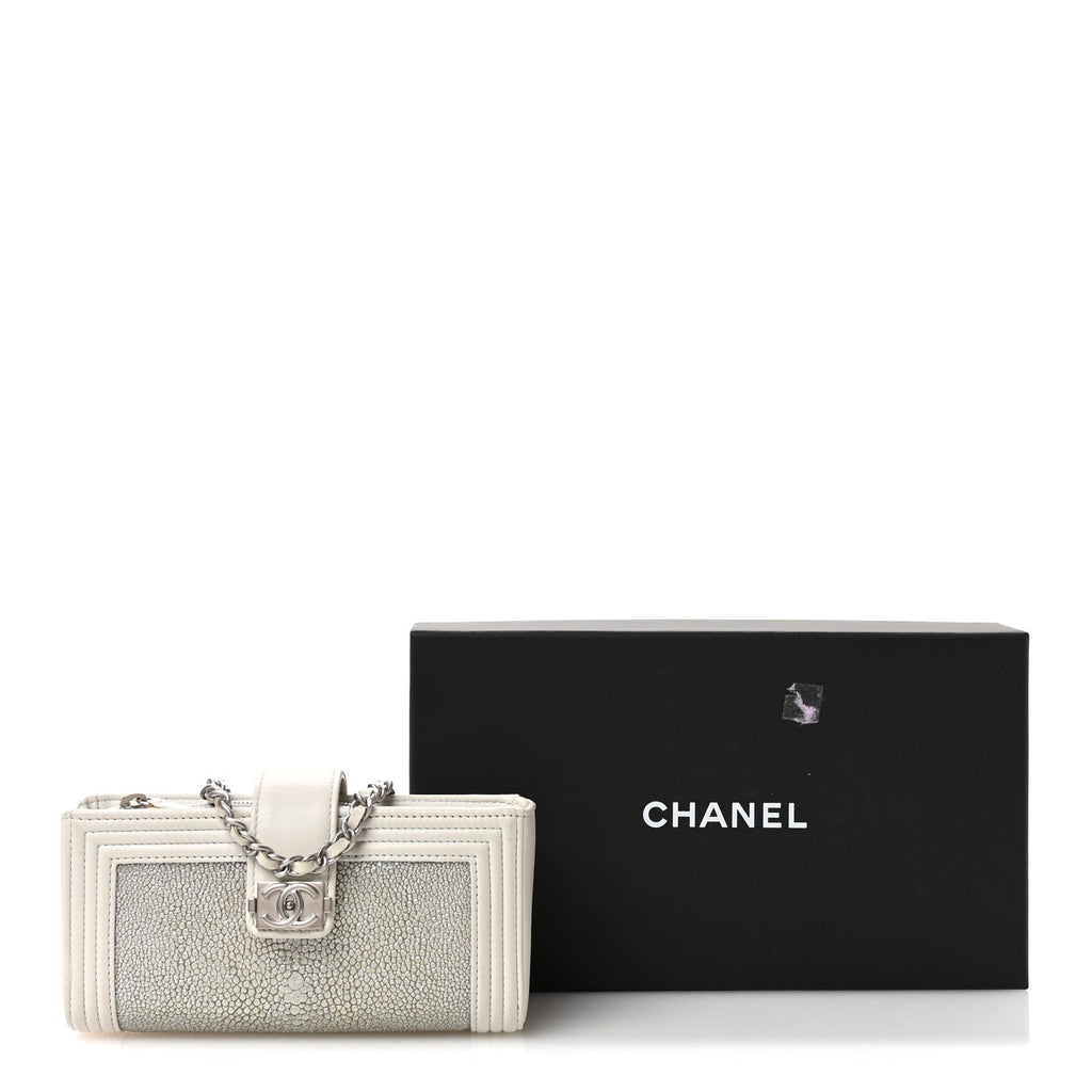 Metallic Galuchat Stingray Lambskin Mini Clutch With Removable Chain Silver