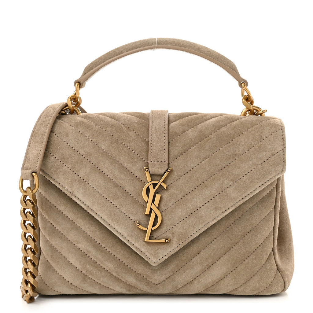 Suede Matelasse Chevron Monogram Medium College Bag Matte Gold