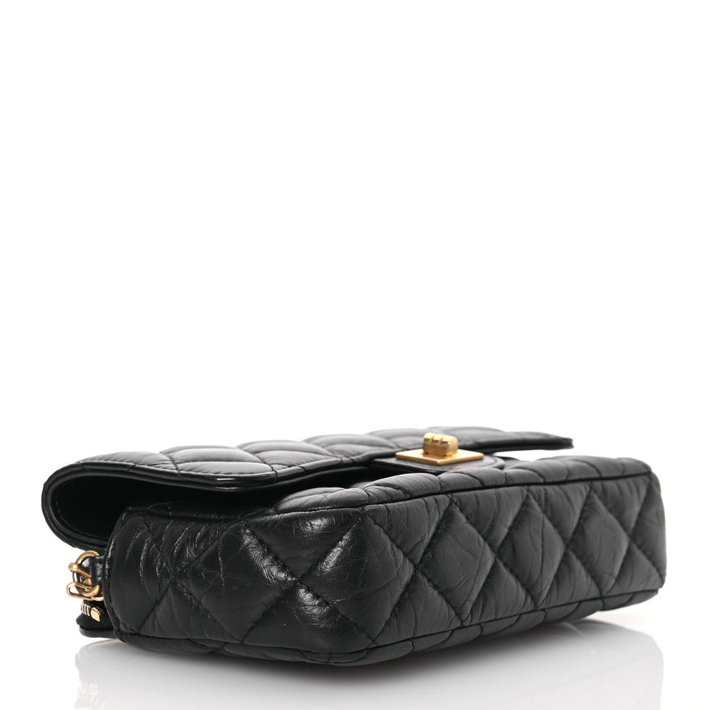 Aged Calfskin Quilted Reissue 2.55 Phone Holder With Chain Black