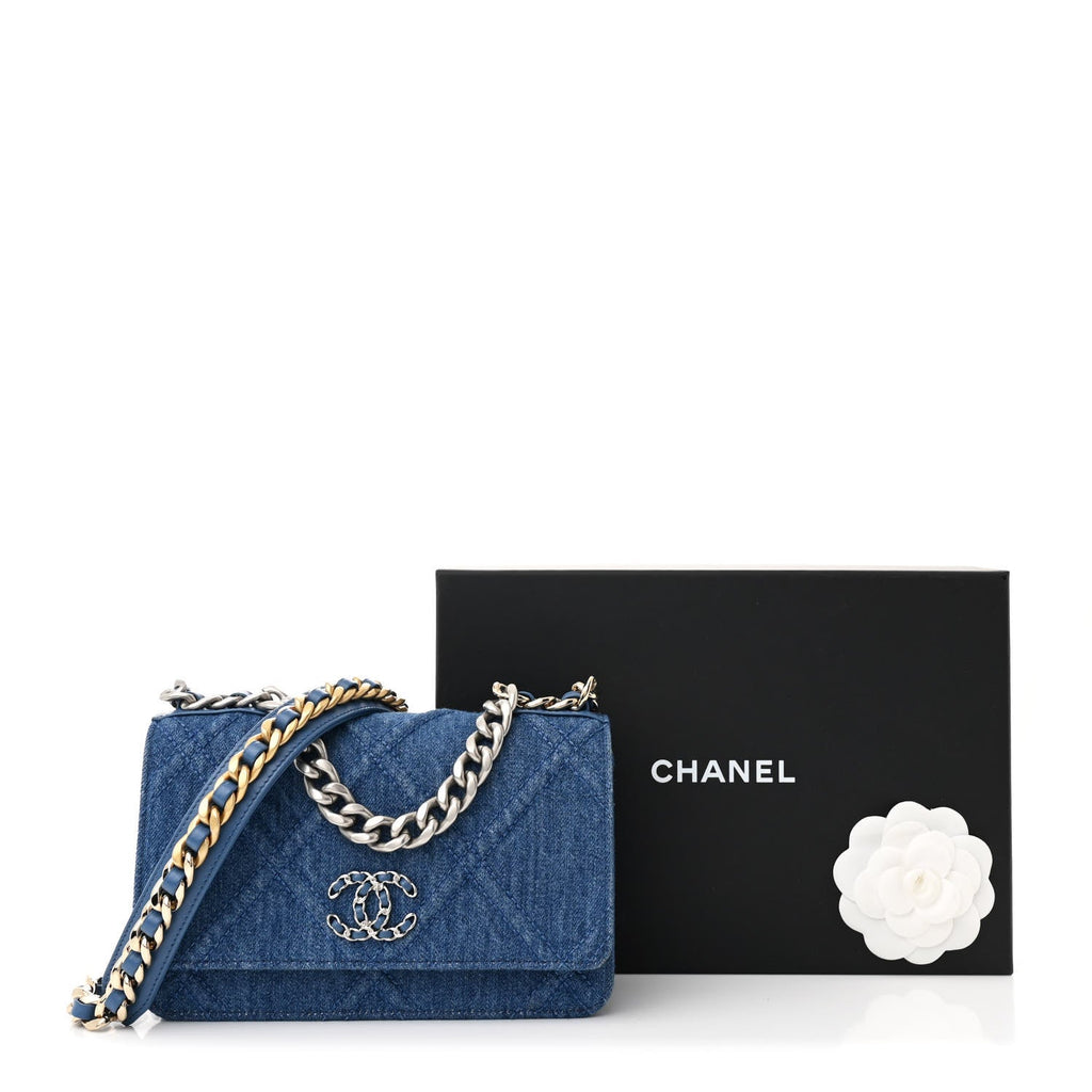 Denim Quilted Chanel 19 Wallet On Chain WOC Blue