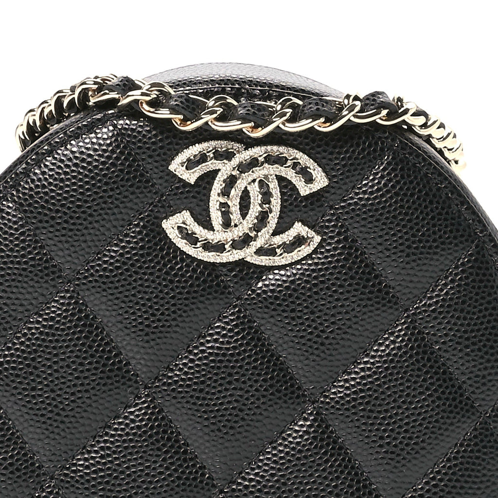 Caviar Quilted Crystal CC Round Clutch With Chain Black