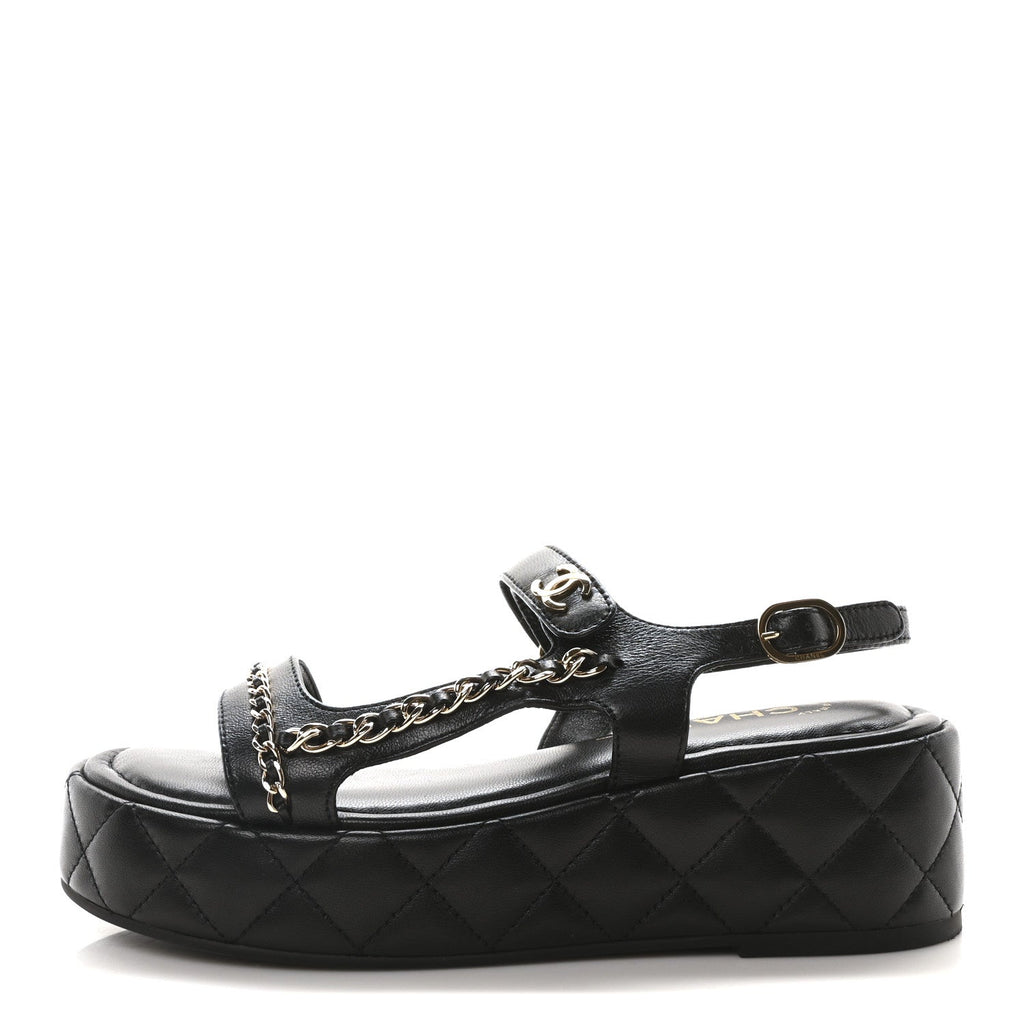 Lambskin Quilted Chain CC Platform Sandals 37.5 Black