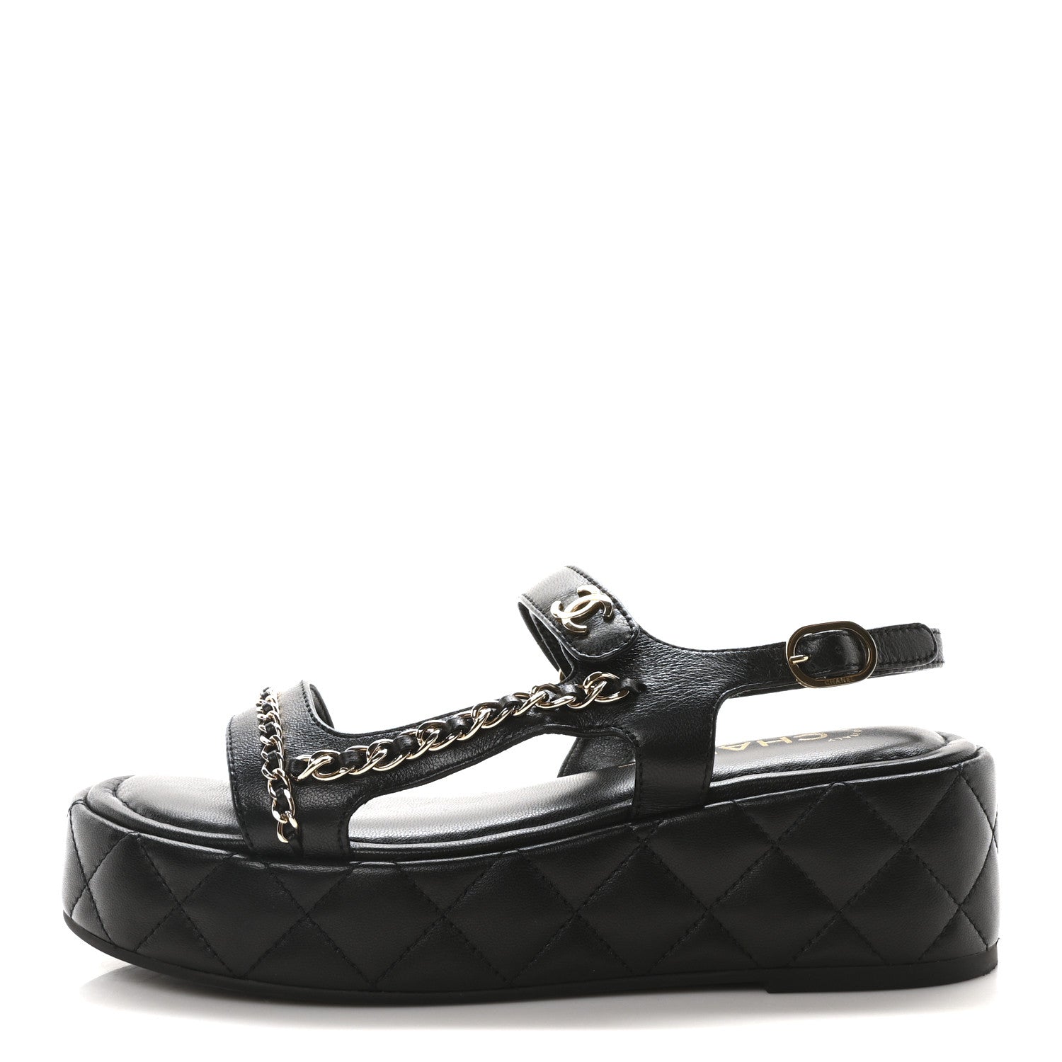 Lambskin Quilted Chain CC Platform Sandals 37.5 Black