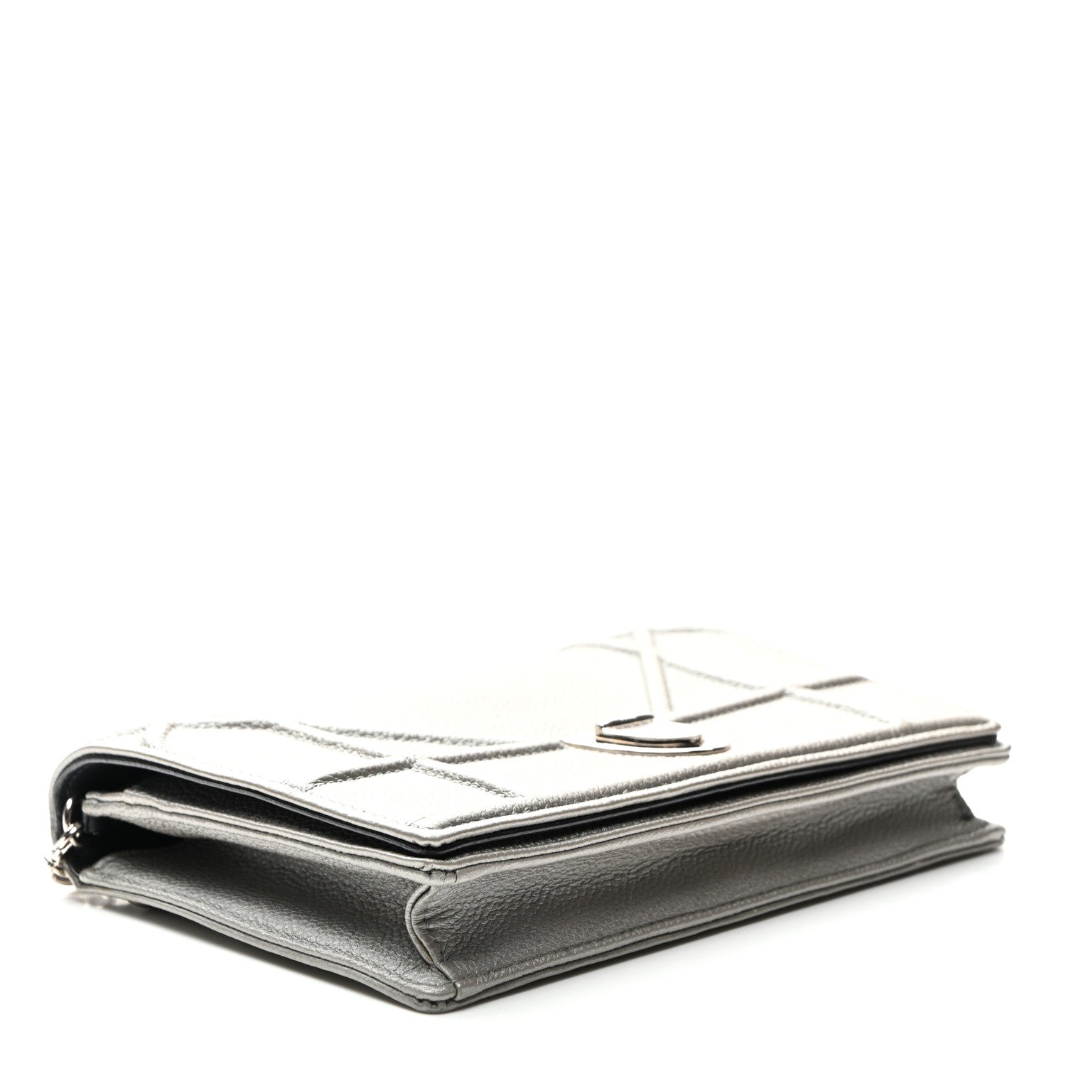 Metallic Grained Calfskin Diorama Wallet on Chain Pouch Silver
