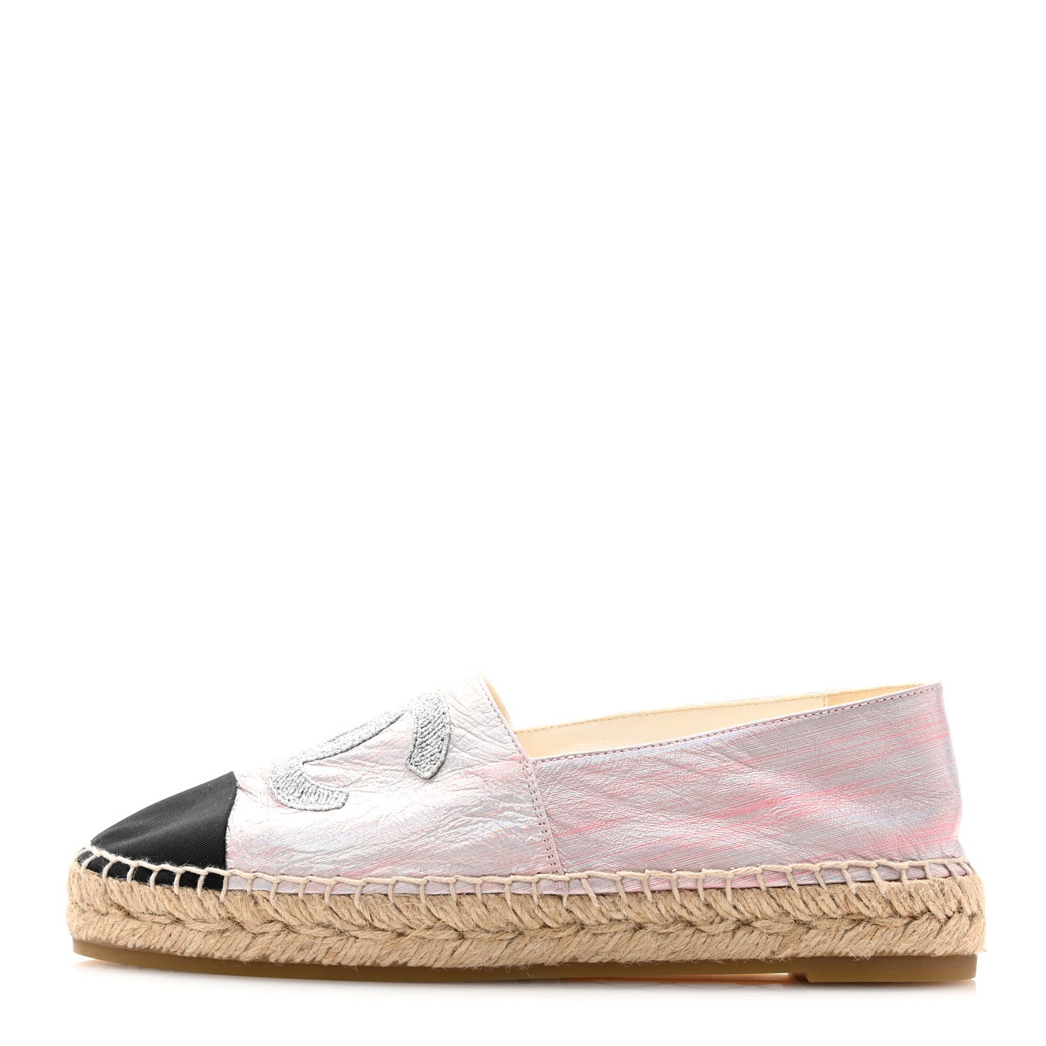 Laminated Lambskin Grosgrain Embroidered CC Espadrilles 39 Pink Silver Black