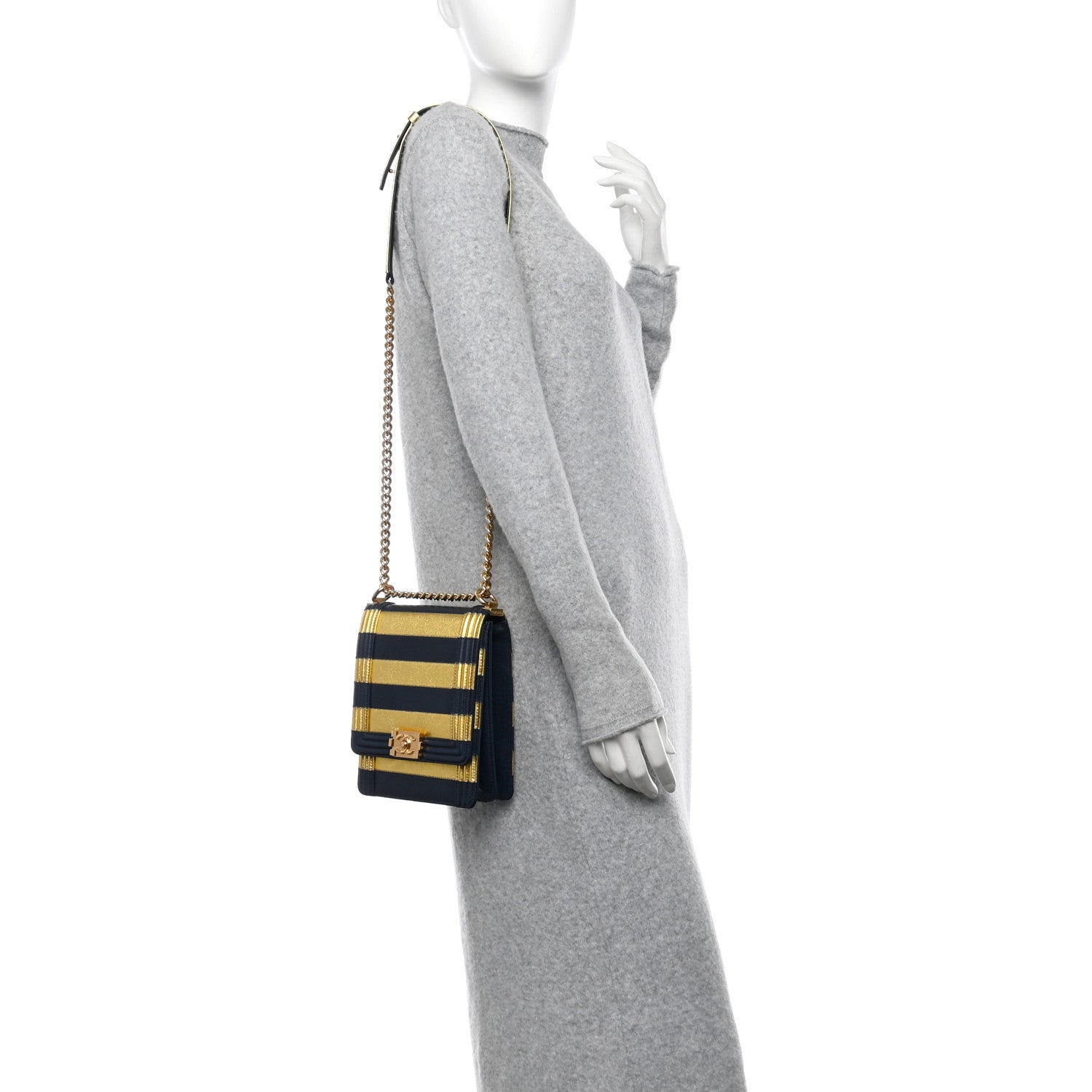 Metallic Lambskin Striped North South Boy Flap Navy Gold