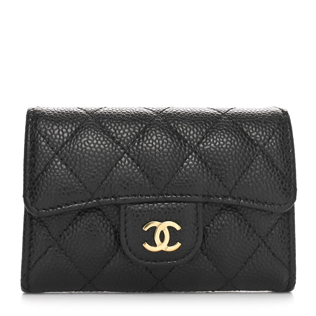 Caviar Quilted Flap  Holder Wallet Black