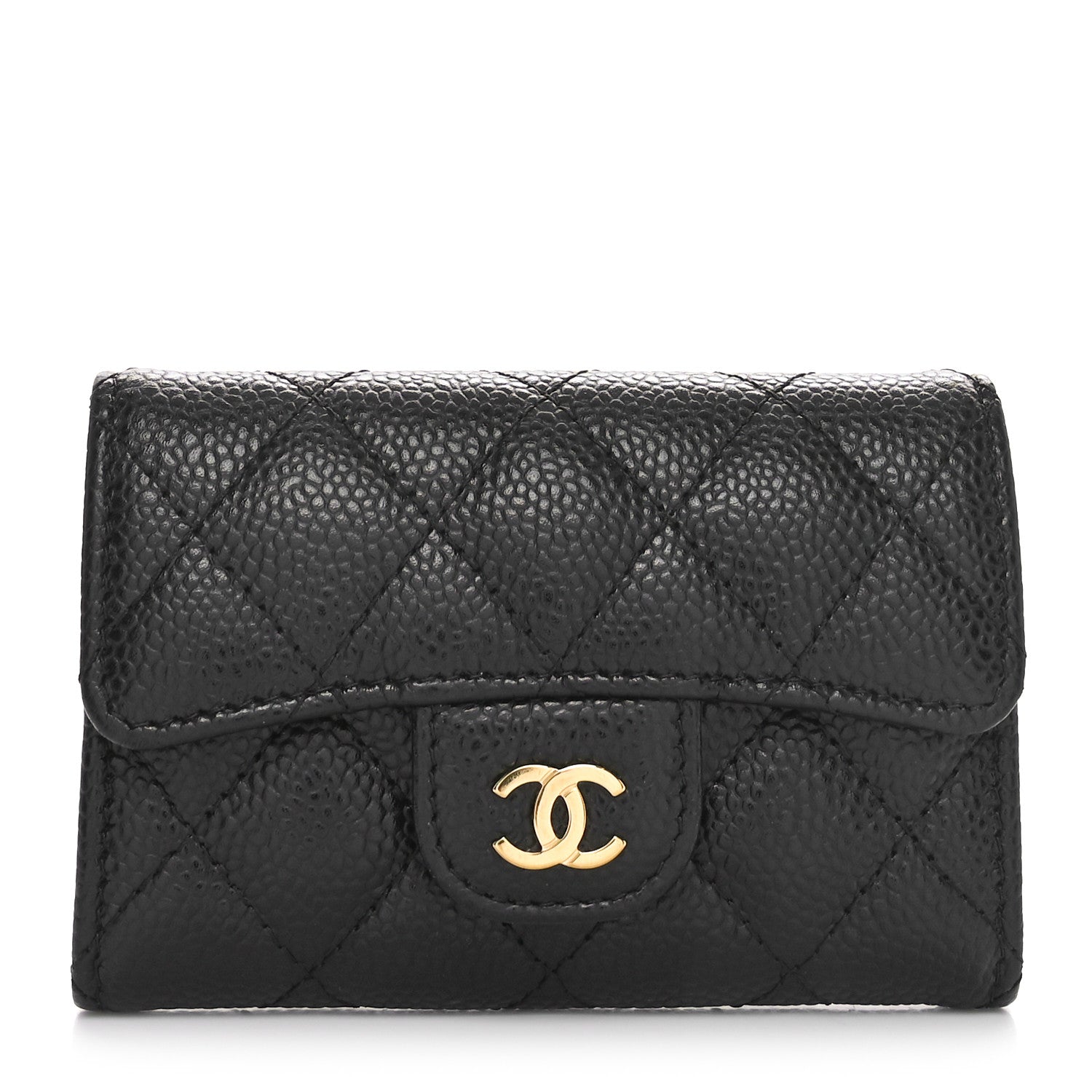 Caviar Quilted Flap  Holder Wallet Black