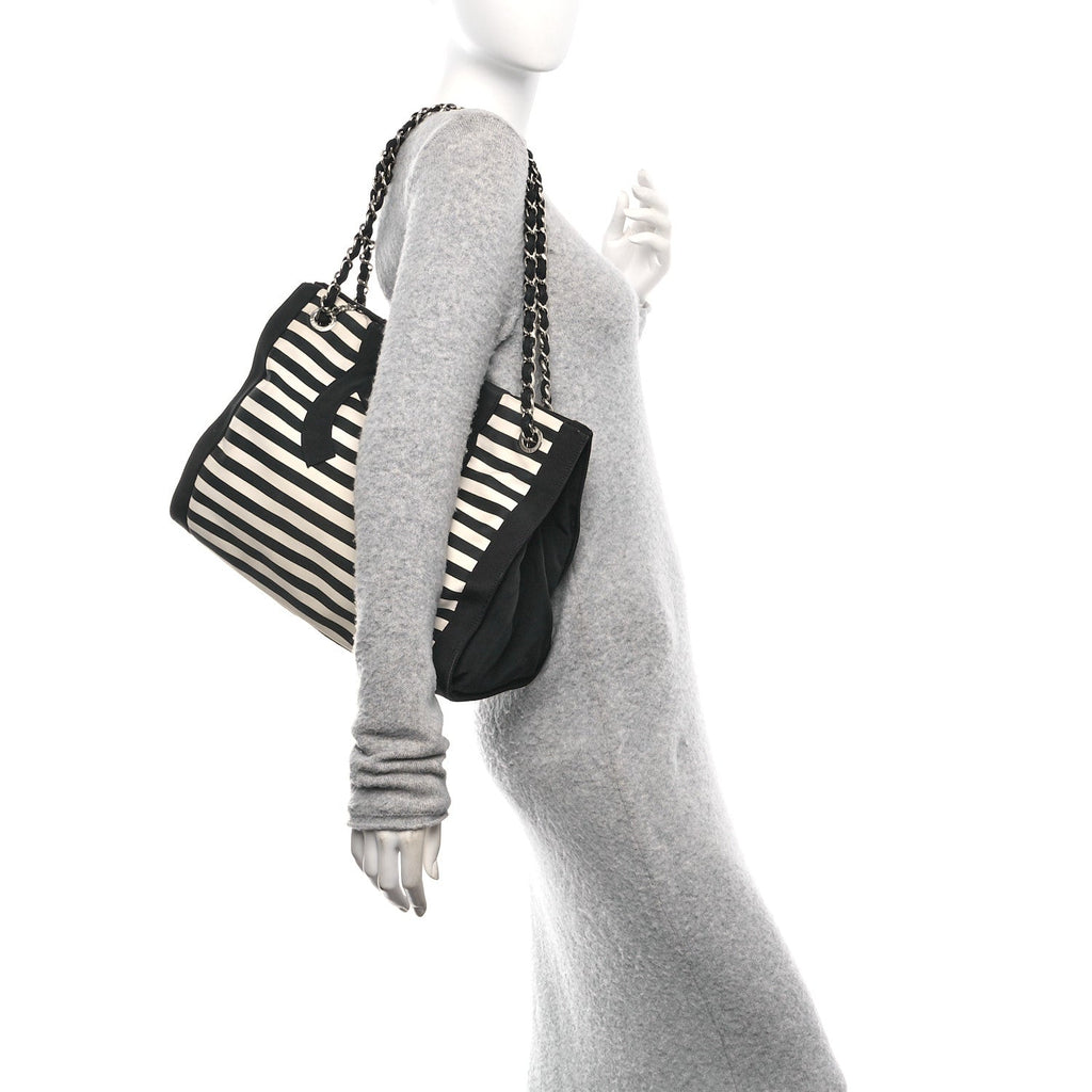 Canvas Grosgrain Striped CC Shopping Tote Black White