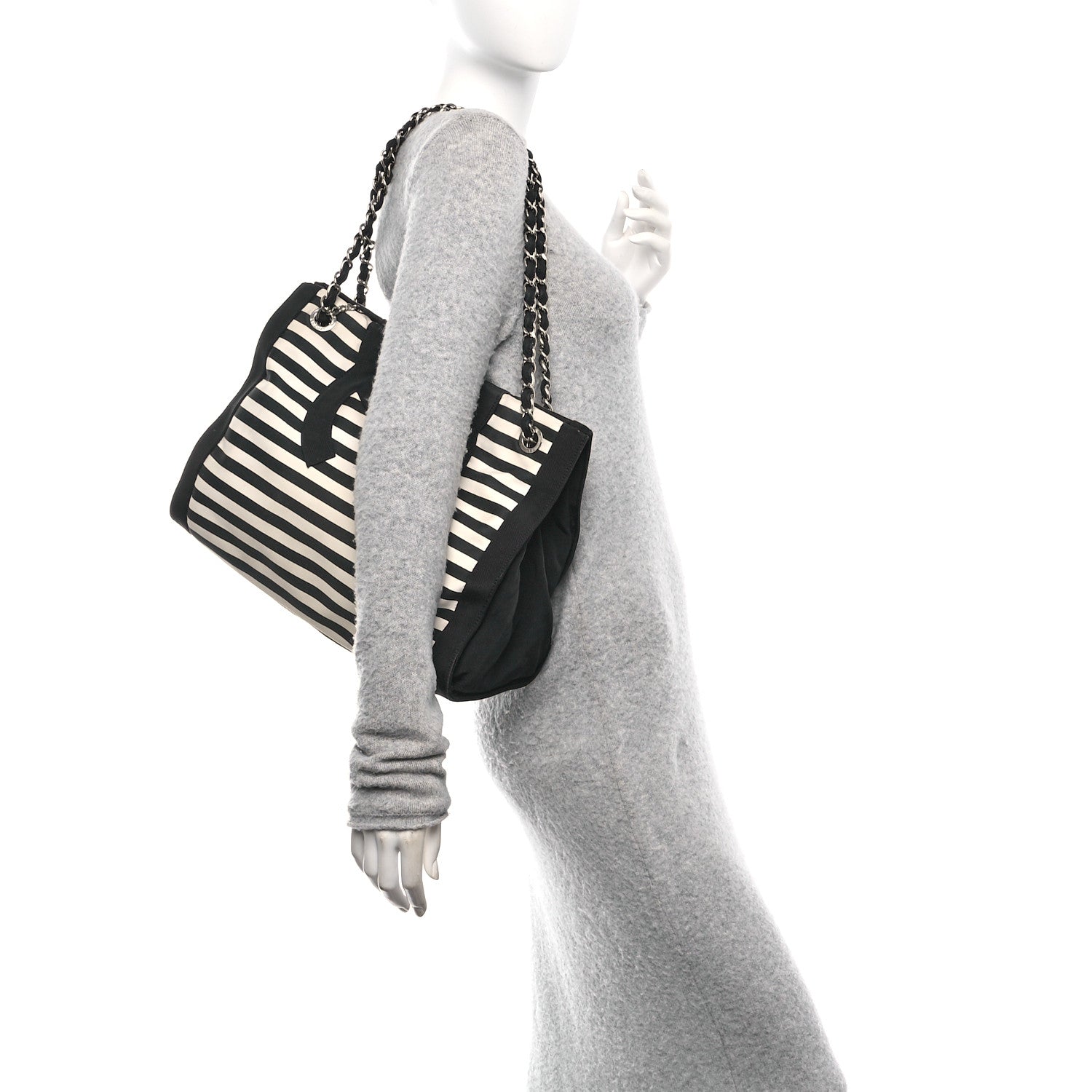 Canvas Grosgrain Striped CC Shopping Tote Black White