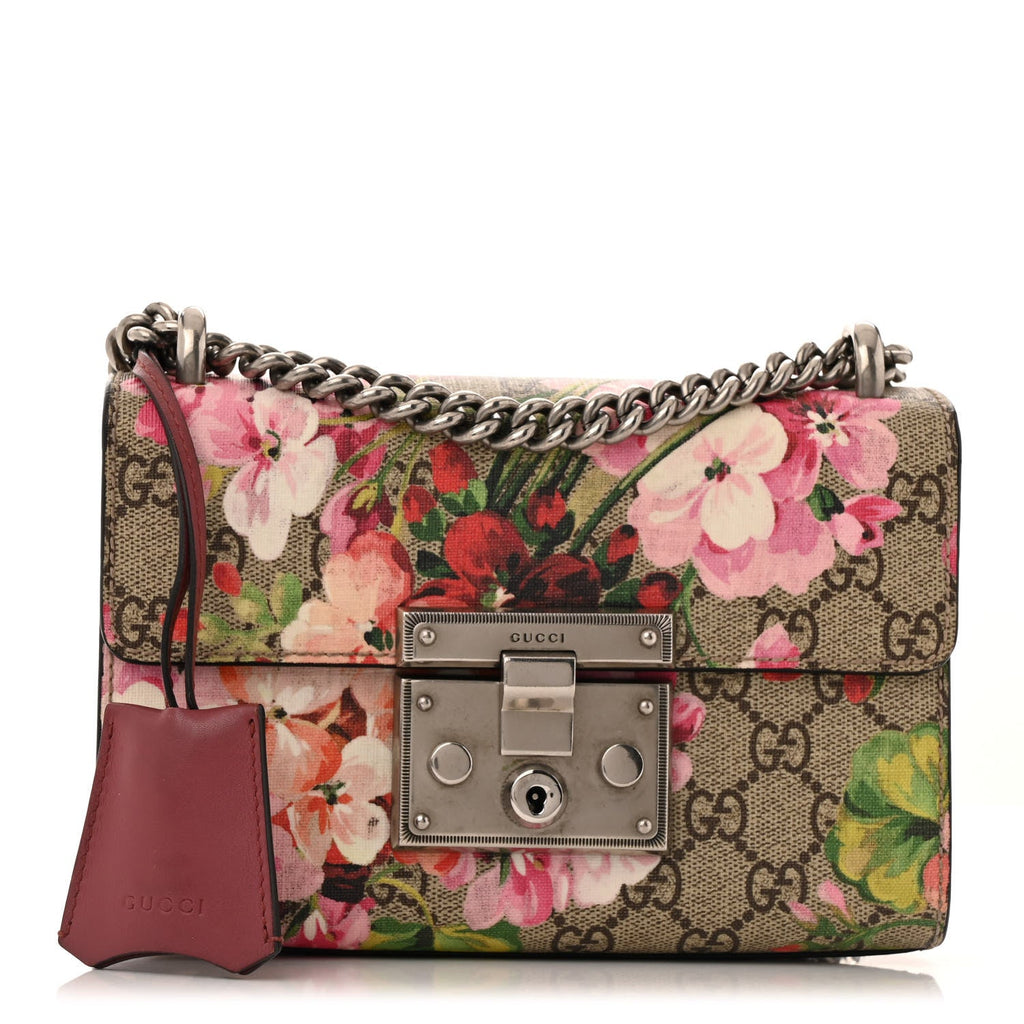 GG Supreme Monogram Blooms Small Padlock Shoulder Bag Beige Multicolor Dry Rose