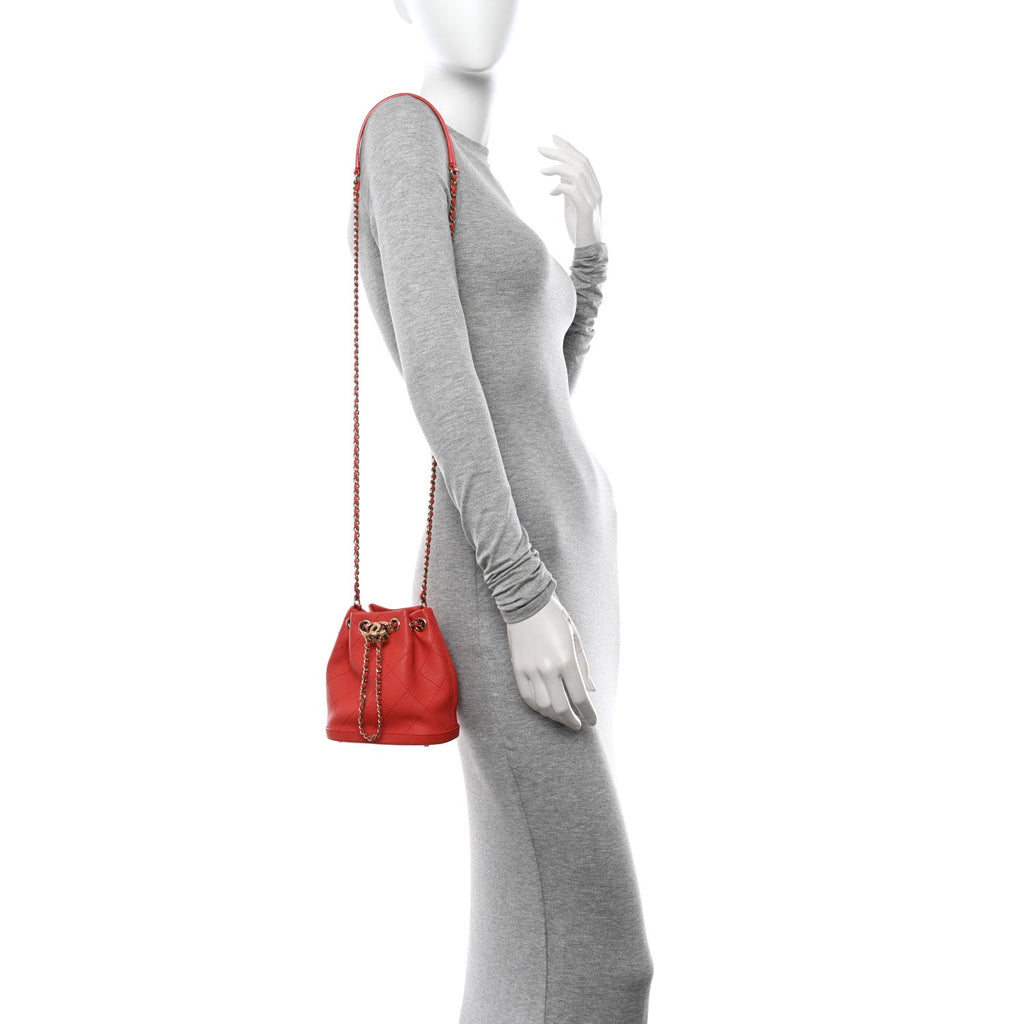 Calfskin Stitched Mini Drawstring CC Bag Red