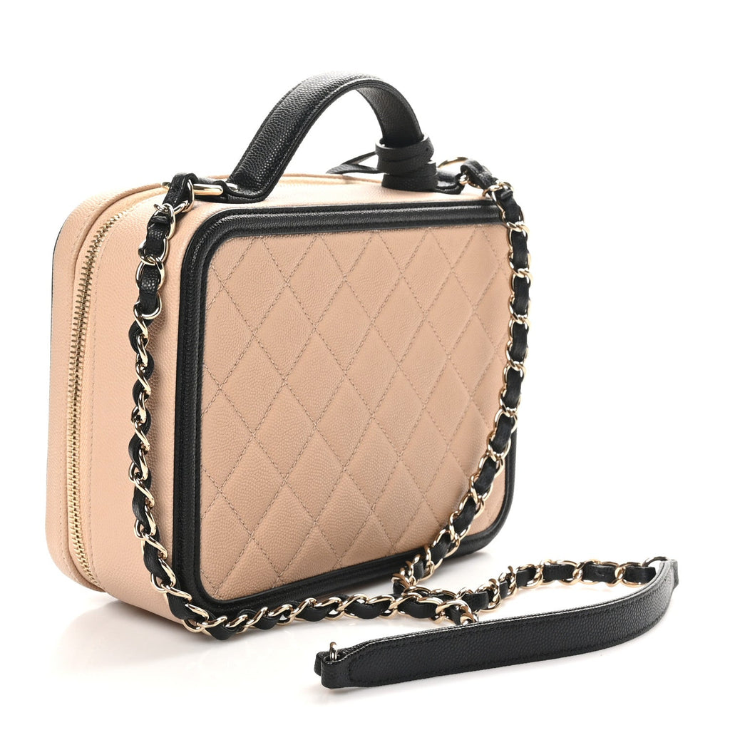 Caviar Quilted Medium CC Filigree Vanity Case Beige Black
