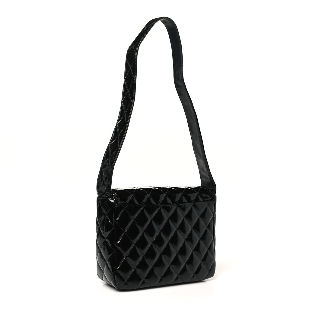 Patent Quilted Shoulder Flap Bag Black