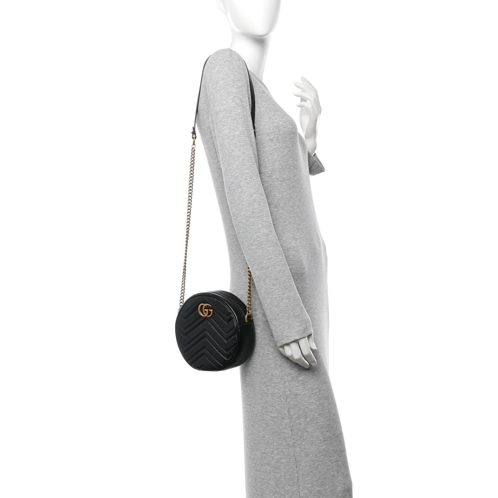 Azalea Calfskin Matelasse Heart Mini GG Marmont Round Shoulder Bag Black
